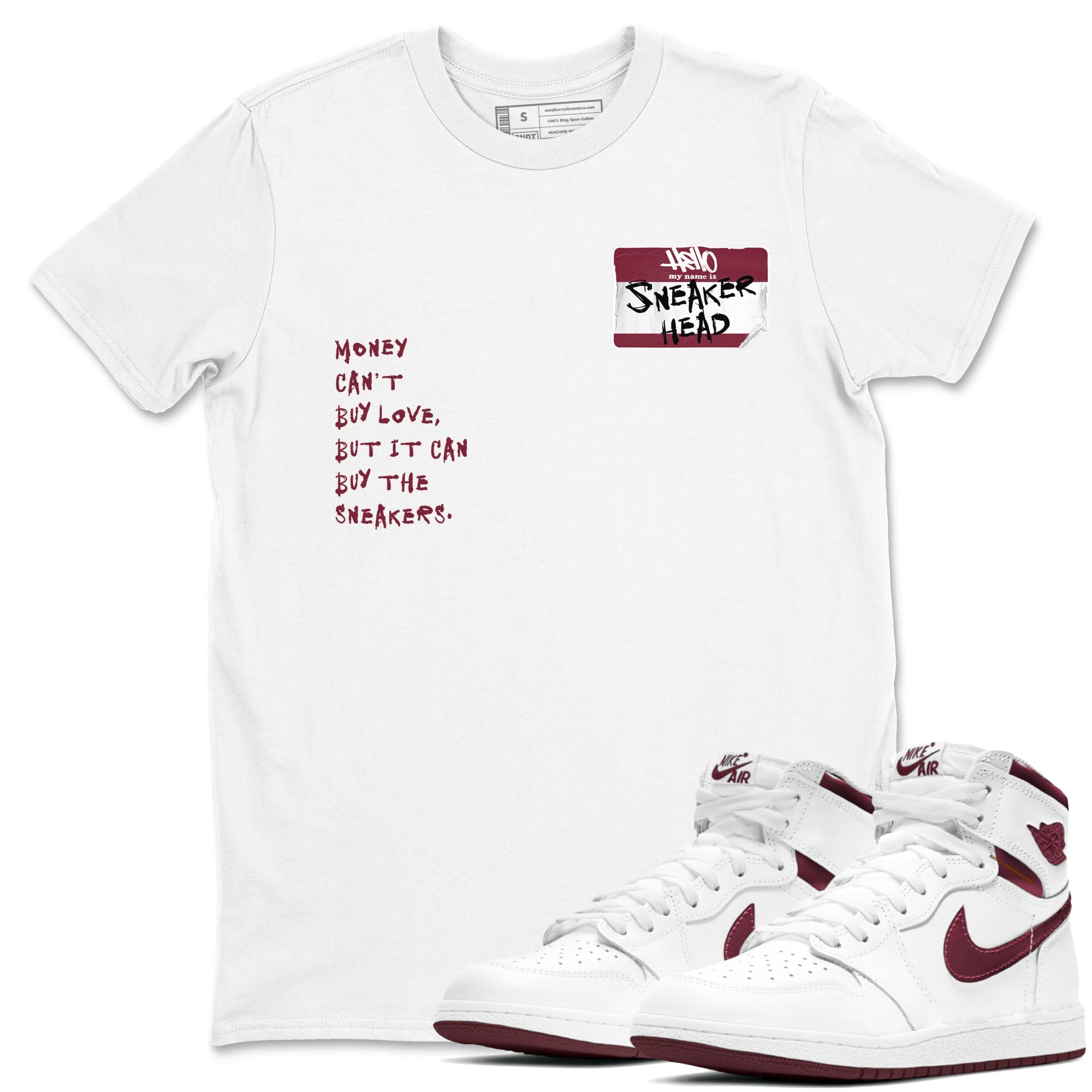 1s Metallic Burgundy shirt to match jordans Sneakerhead Badge sneaker tees Air Jordan 1 Metallic Burgundy SNRT Sneaker Release Tees unisex cotton White 1 crew neck shirt