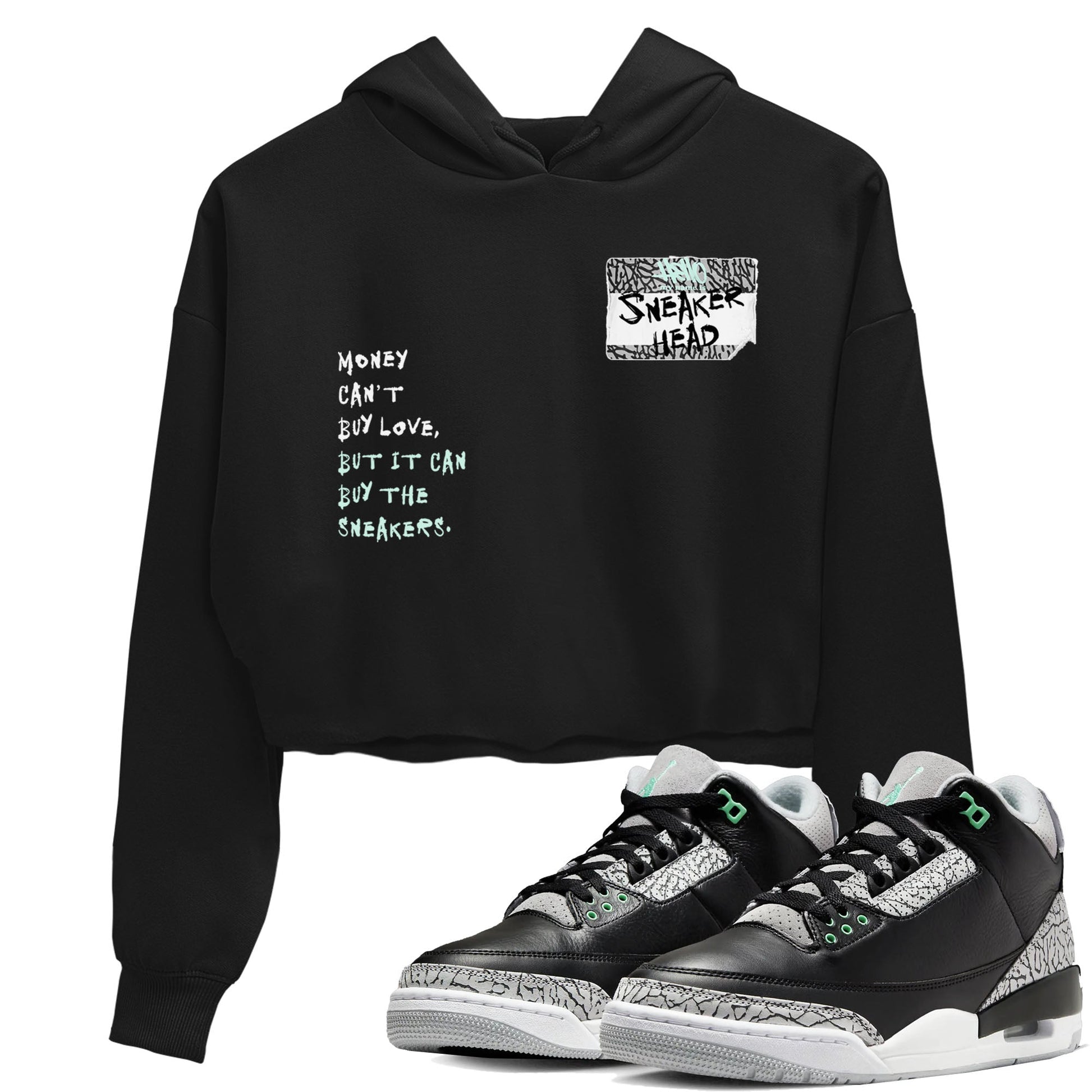 3s Green Glow shirt to match jordans Sneakerhead Badge sneaker tees Air Jordan 3 Green Glow SNRT Sneaker Release Tees Black 1 crop length shirt