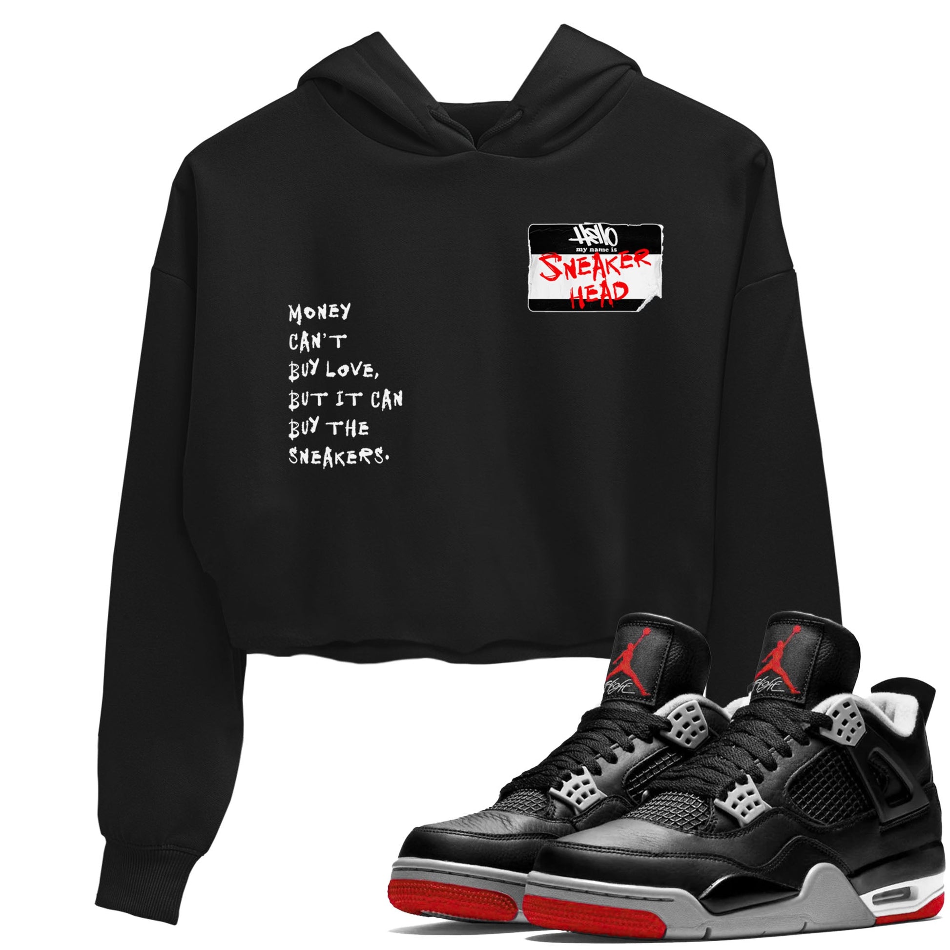 4s Bred Reimagined shirt to match jordans Sneakerhead Badge sneaker tees Air Jordan 4 Bred Reimagined SNRT Sneaker Release Tees Black 1 crop length shirt