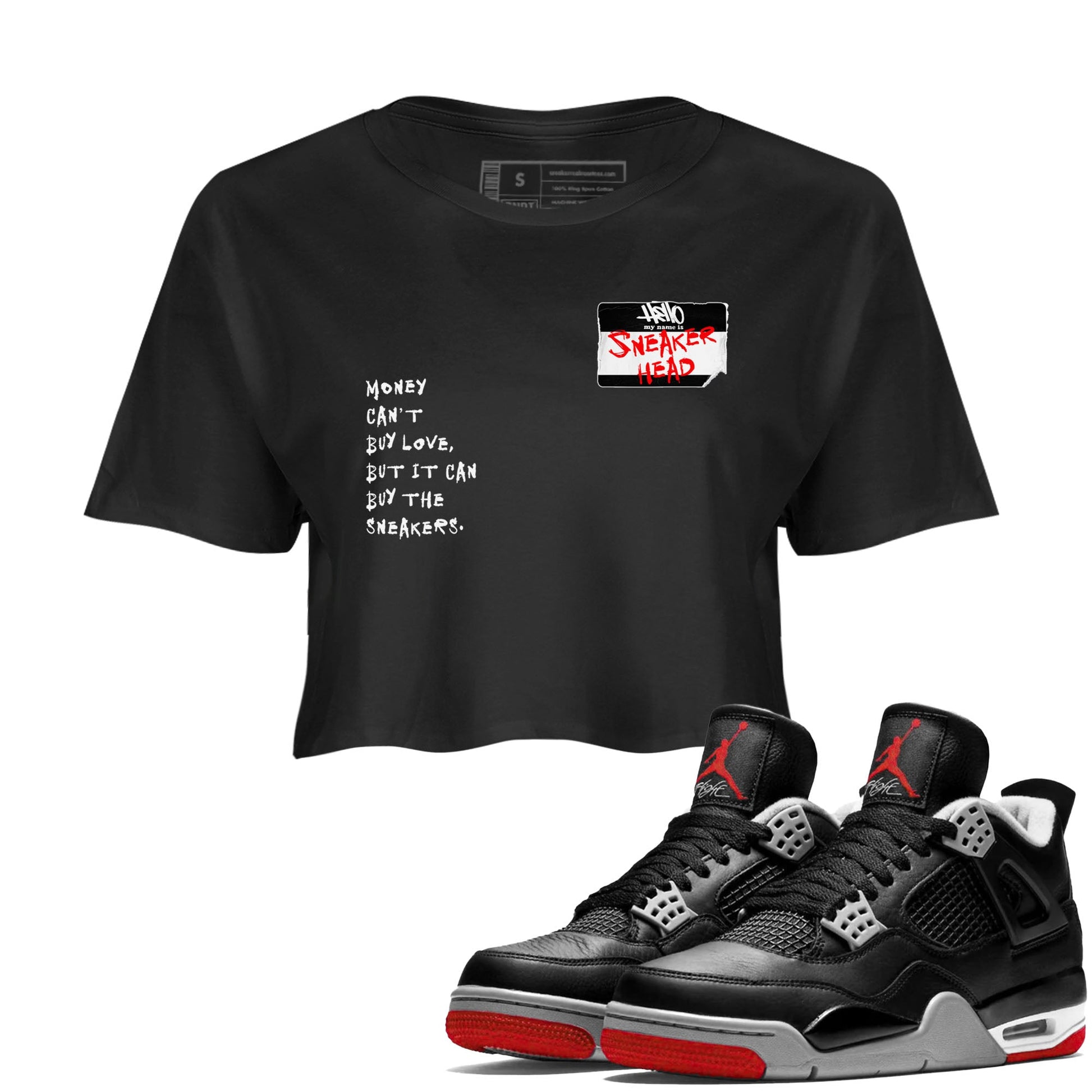 4s Bred Reimagined shirt to match jordans Sneakerhead Badge sneaker tees Air Jordan 4 Bred Reimagined SNRT Sneaker Release Tees Black 1 crop length shirt