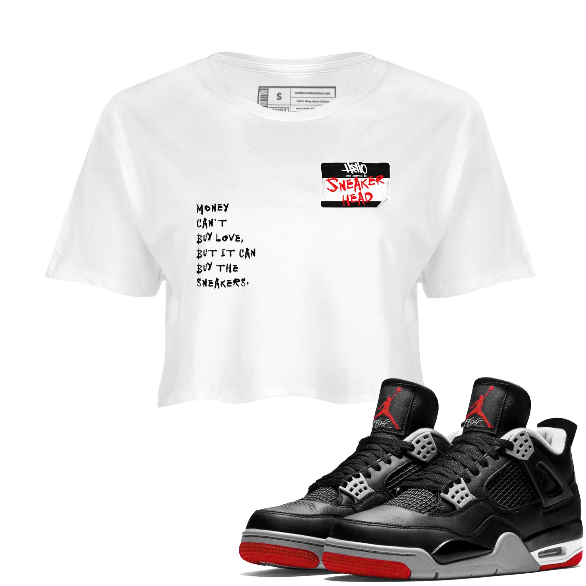 4s Bred Reimagined shirt to match jordans Sneakerhead Badge sneaker tees Air Jordan 4 Bred Reimagined SNRT Sneaker Release Tees White 1 crop length shirt