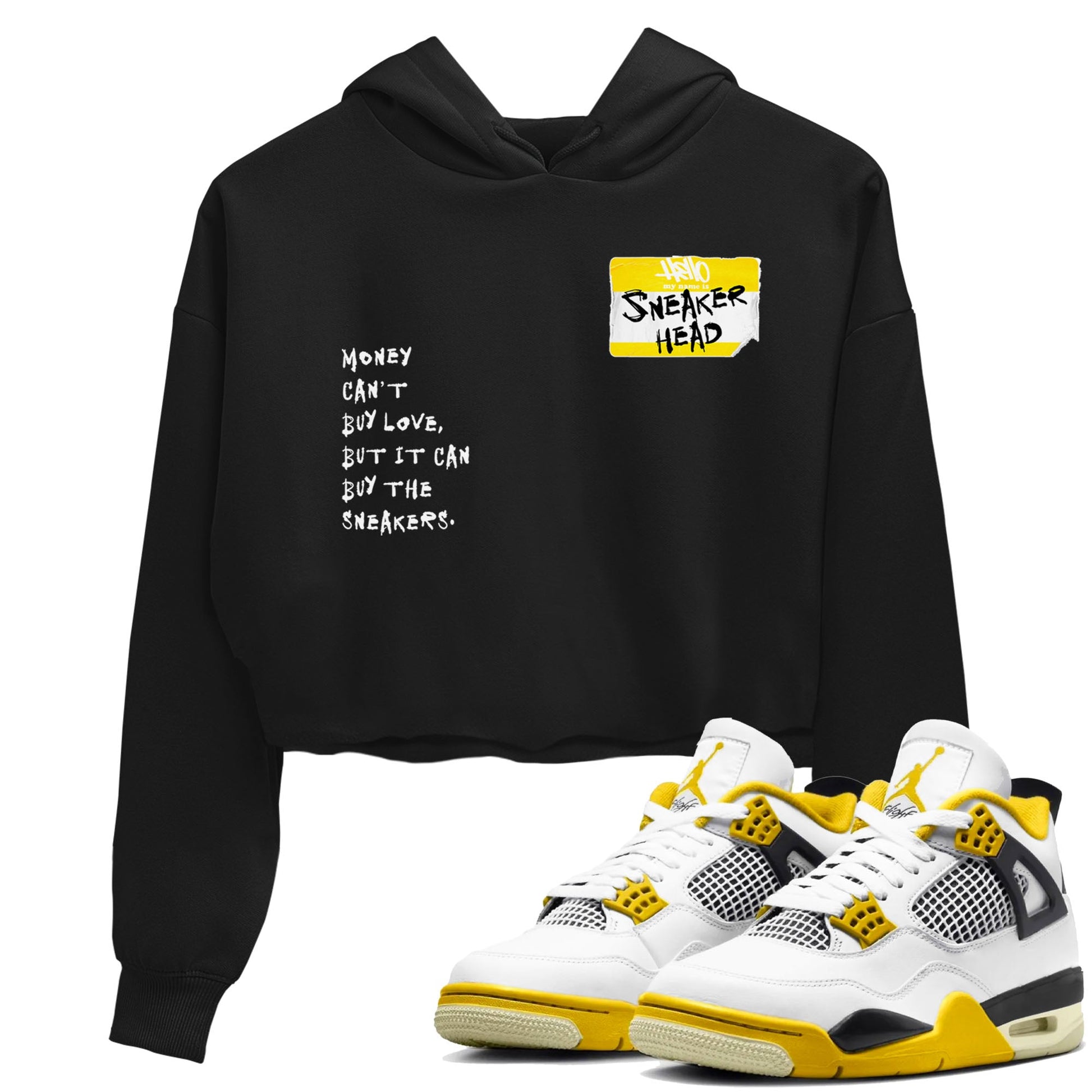 4s Vivid Sulfur shirt to match jordans Sneakerhead Badge sneaker tees Air Jordan 4 Vivid Sulfur SNRT Sneaker Release Tees Black 1 crop length shirt