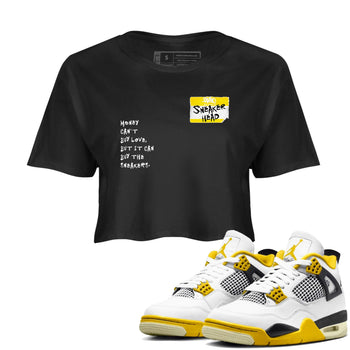 4s Vivid Sulfur shirt to match jordans Sneakerhead Badge sneaker tees Air Jordan 4 Vivid Sulfur SNRT Sneaker Release Tees Black 1 crop length shirt