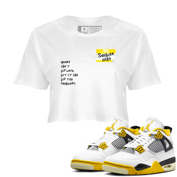 4s Vivid Sulfur shirt to match jordans Sneakerhead Badge sneaker tees Air Jordan 4 Vivid Sulfur SNRT Sneaker Release Tees White 1 crop length shirt