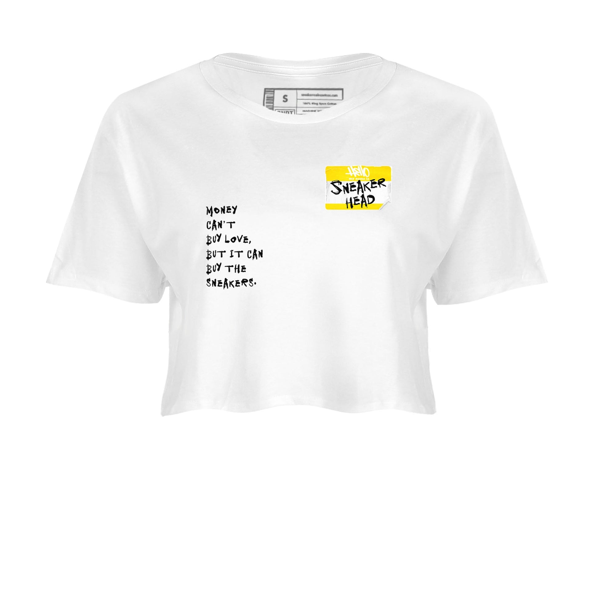 4s Vivid Sulfur shirt to match jordans Sneakerhead Badge sneaker tees Air Jordan 4 Vivid Sulfur SNRT Sneaker Release Tees White 2 crop length shirt