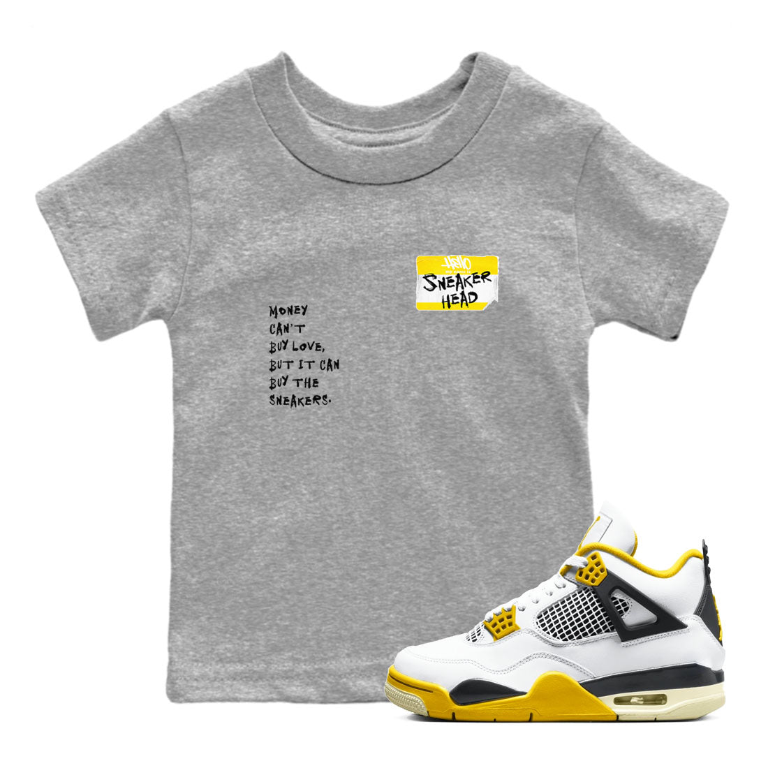 4s Vivid Sulfur shirt to match jordans Sneakerhead Badge sneaker tees Air Jordan 4 Vivid Sulfur SNRT sneaker release tees baby toddler Heather Grey 1 cotton Shirt