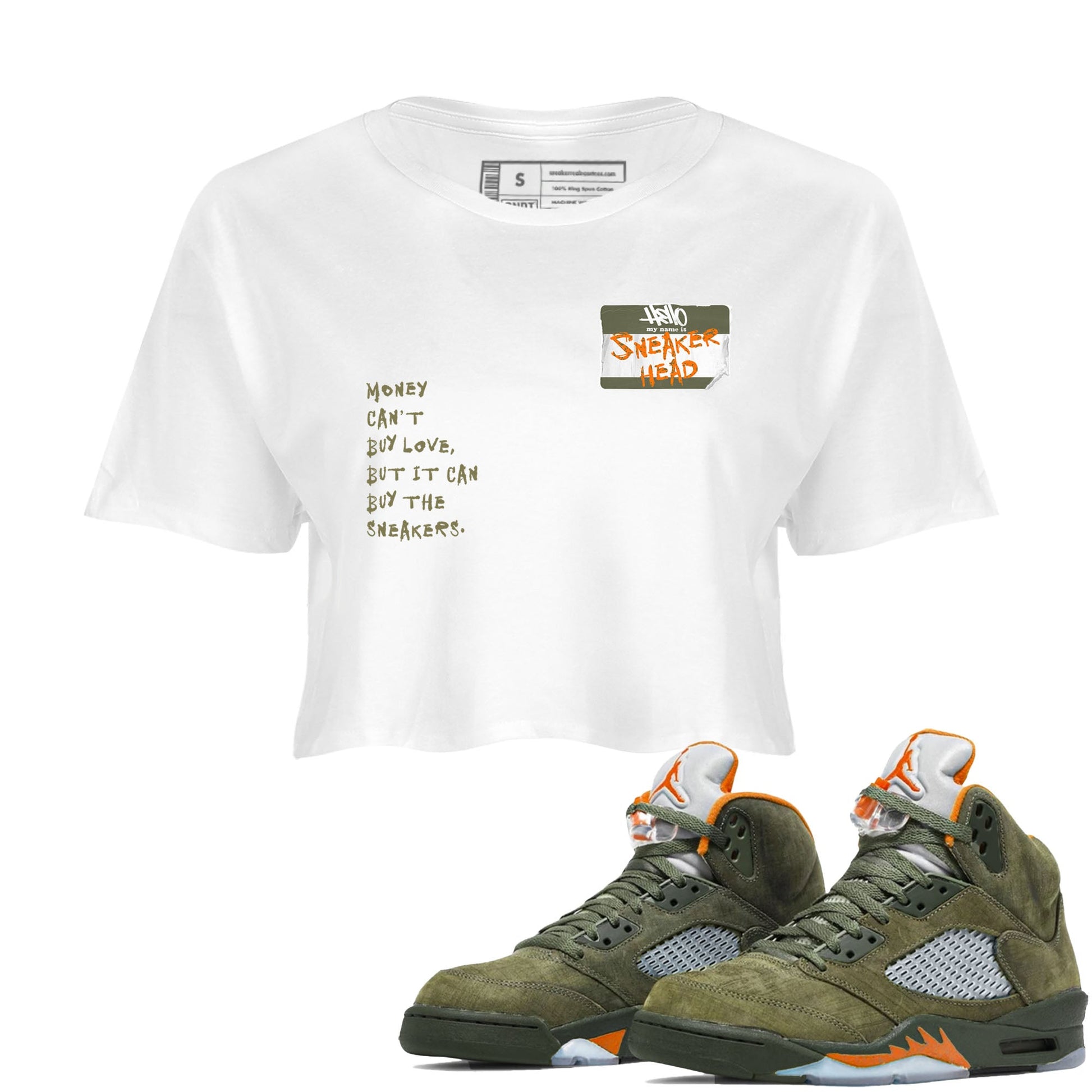 Air Jordan 5 Olive shirt to match jordans Sneakerhead Badge sneaker tees 5s Olive SNRT Sneaker Release Tees White 1 crop length shirt