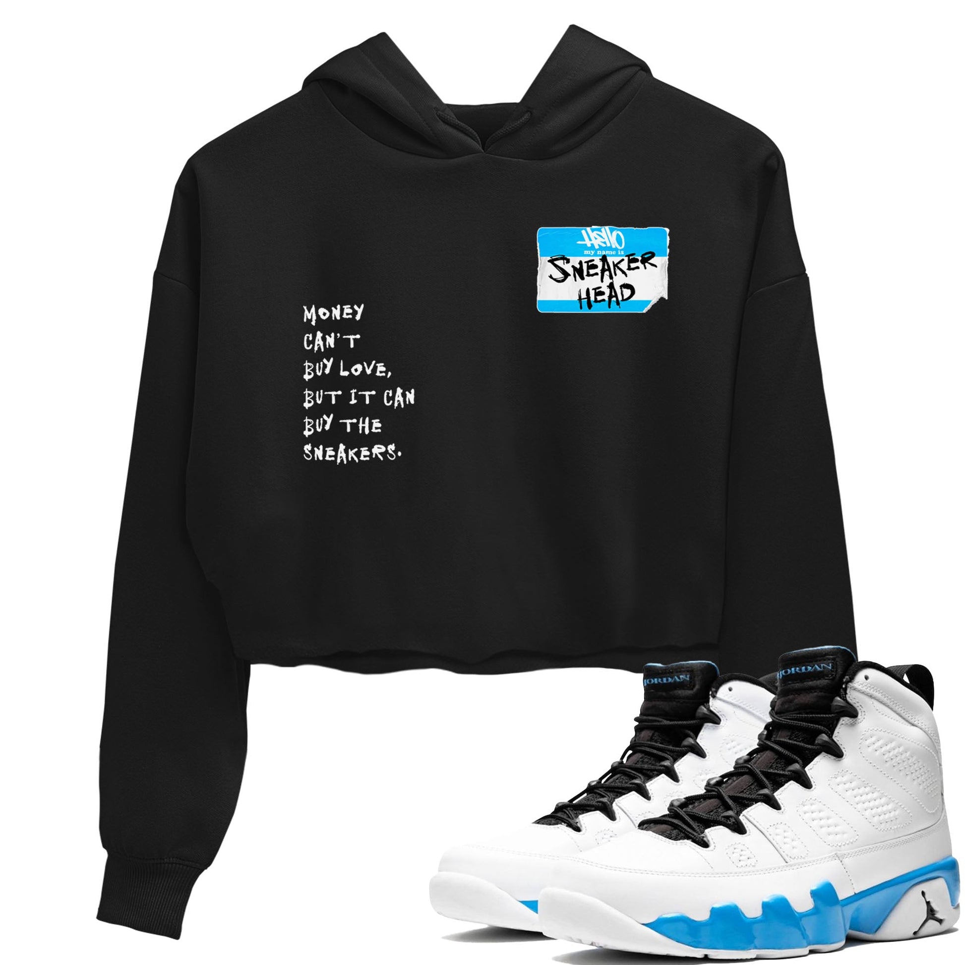 9s Powder Blue shirt to match jordans Sneakerhead Badge sneaker tees Air Jordan 9 Powder Blue SNRT Sneaker Release Tees Streetwear Black 1 crop length shirt