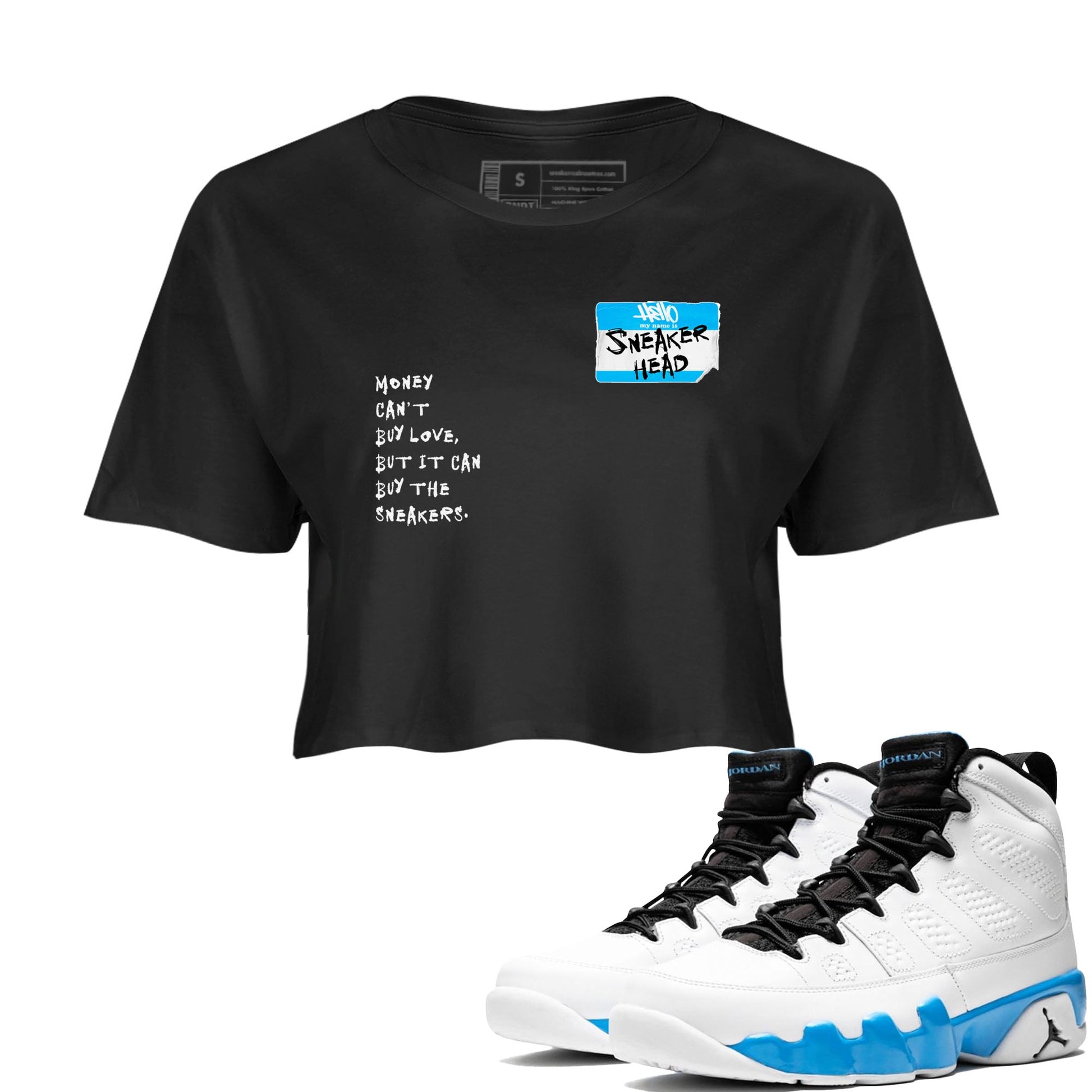 9s Powder Blue shirt to match jordans Sneakerhead Badge sneaker tees Air Jordan 9 Powder Blue SNRT Sneaker Release Tees Streetwear Black 1 crop length shirt