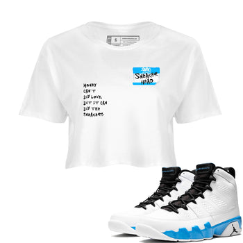 9s Powder Blue shirt to match jordans Sneakerhead Badge sneaker tees Air Jordan 9 Powder Blue SNRT Sneaker Release Tees Streetwear White 1 crop length shirt