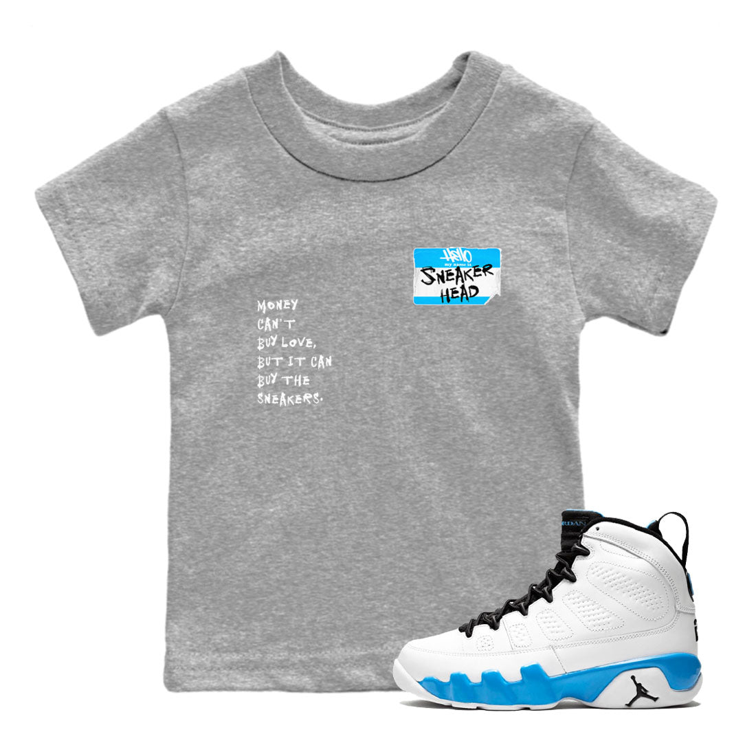 9s Powder Blue shirt to match jordans Sneakerhead Badge sneaker tees Air Jordan 9 Powder Blue SNRT Sneaker Release Tees Streetwear baby toddler Heather Grey 1 cotton Shirt