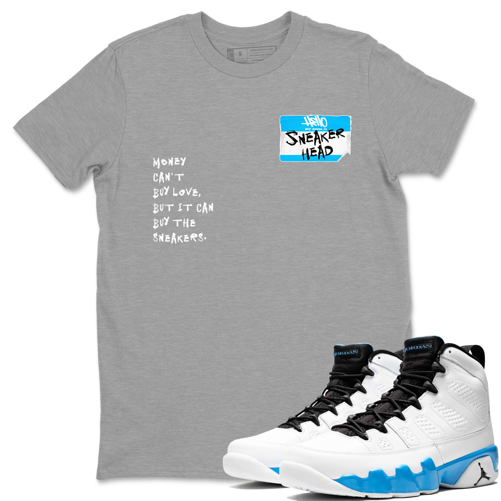 9s Powder Blue shirt to match jordans Sneakerhead Badge sneaker tees Air Jordan 9 Powder Blue SNRT Sneaker Release Tees Streetwear unisex cotton Heather Grey 1 crew neck shirt