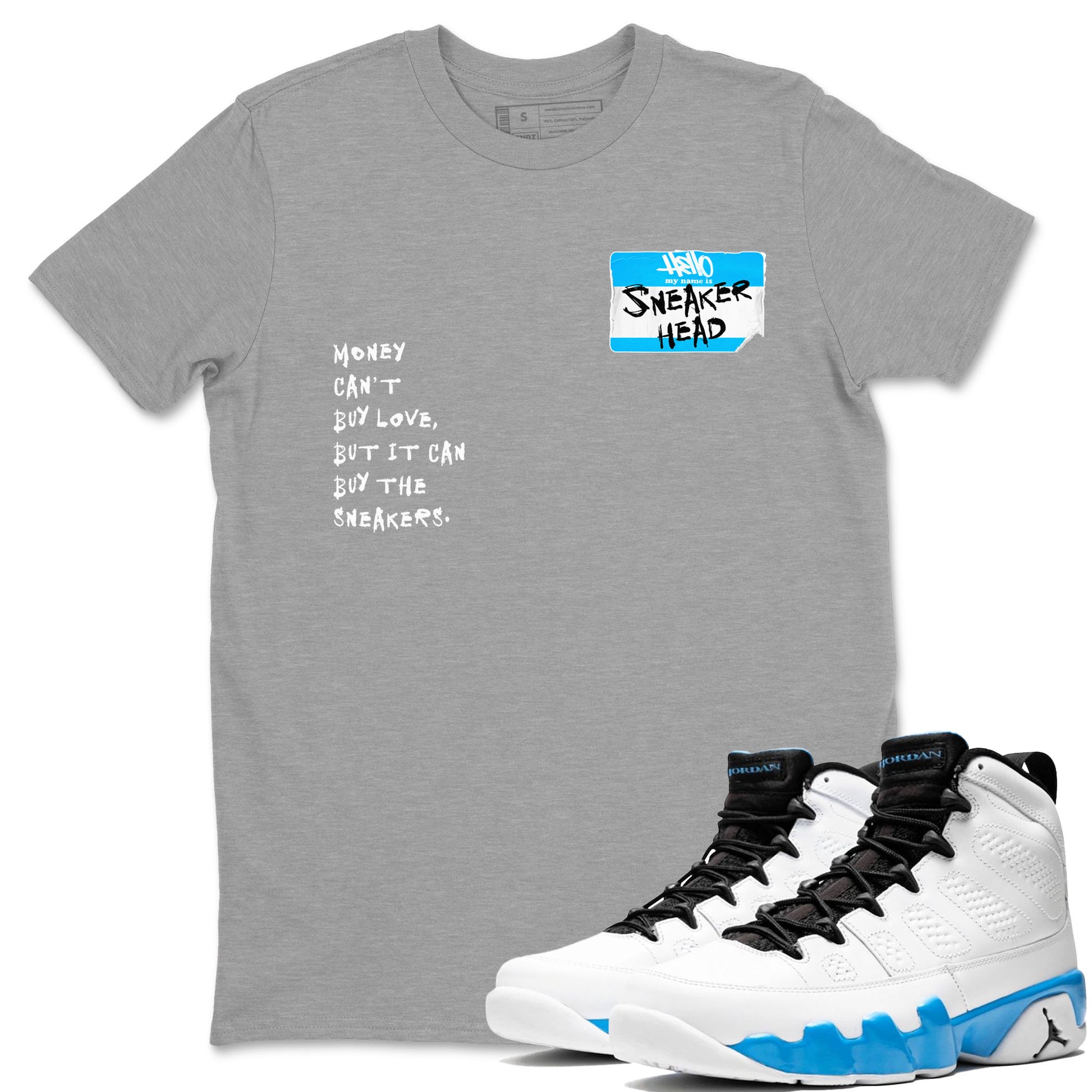 9s Powder Blue shirt to match jordans Sneakerhead Badge sneaker tees Air Jordan 9 Powder Blue SNRT Sneaker Release Tees Streetwear unisex cotton Heather Grey 1 crew neck shirt