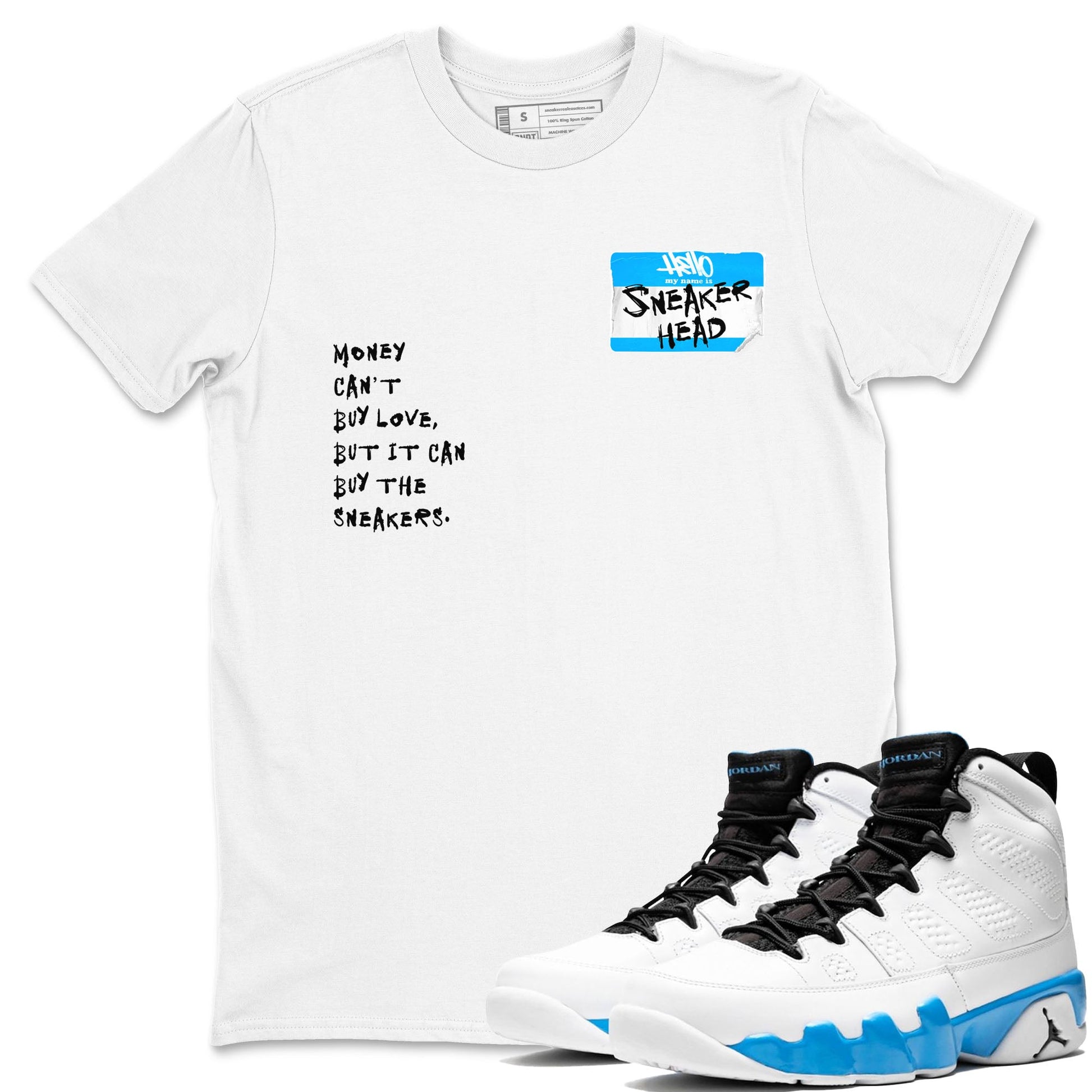 9s Powder Blue shirt to match jordans Sneakerhead Badge sneaker tees Air Jordan 9 Powder Blue SNRT Sneaker Release Tees Streetwear unisex cotton White 1 crew neck shirt