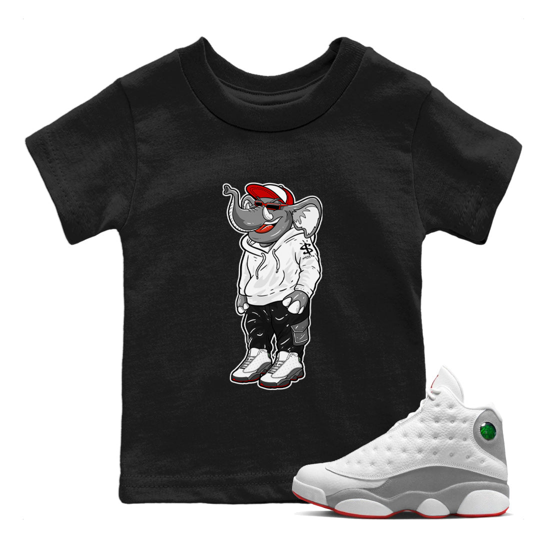 Air Jordan 13 Wolf Grey Sneaker Match Tees Sneakerhead Elephant Sneaker Tees 13s Wolf Grey SNRT Sneaker Release Tees Kids Shirts Black 1