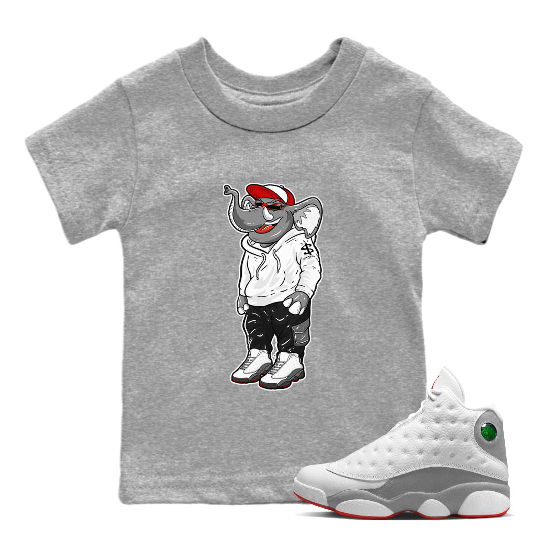 Air Jordan 13 Wolf Grey Sneaker Match Tees Sneakerhead Elephant Sneaker Tees 13s Wolf Grey SNRT Sneaker Release Tees Kids Shirts Heather Grey 1