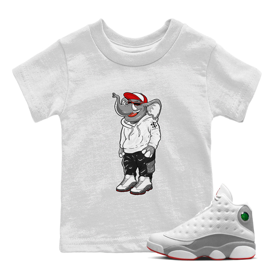 Air Jordan 13 Wolf Grey Sneaker Match Tees Sneakerhead Elephant Sneaker Tees 13s Wolf Grey SNRT Sneaker Release Tees Kids Shirts White 1