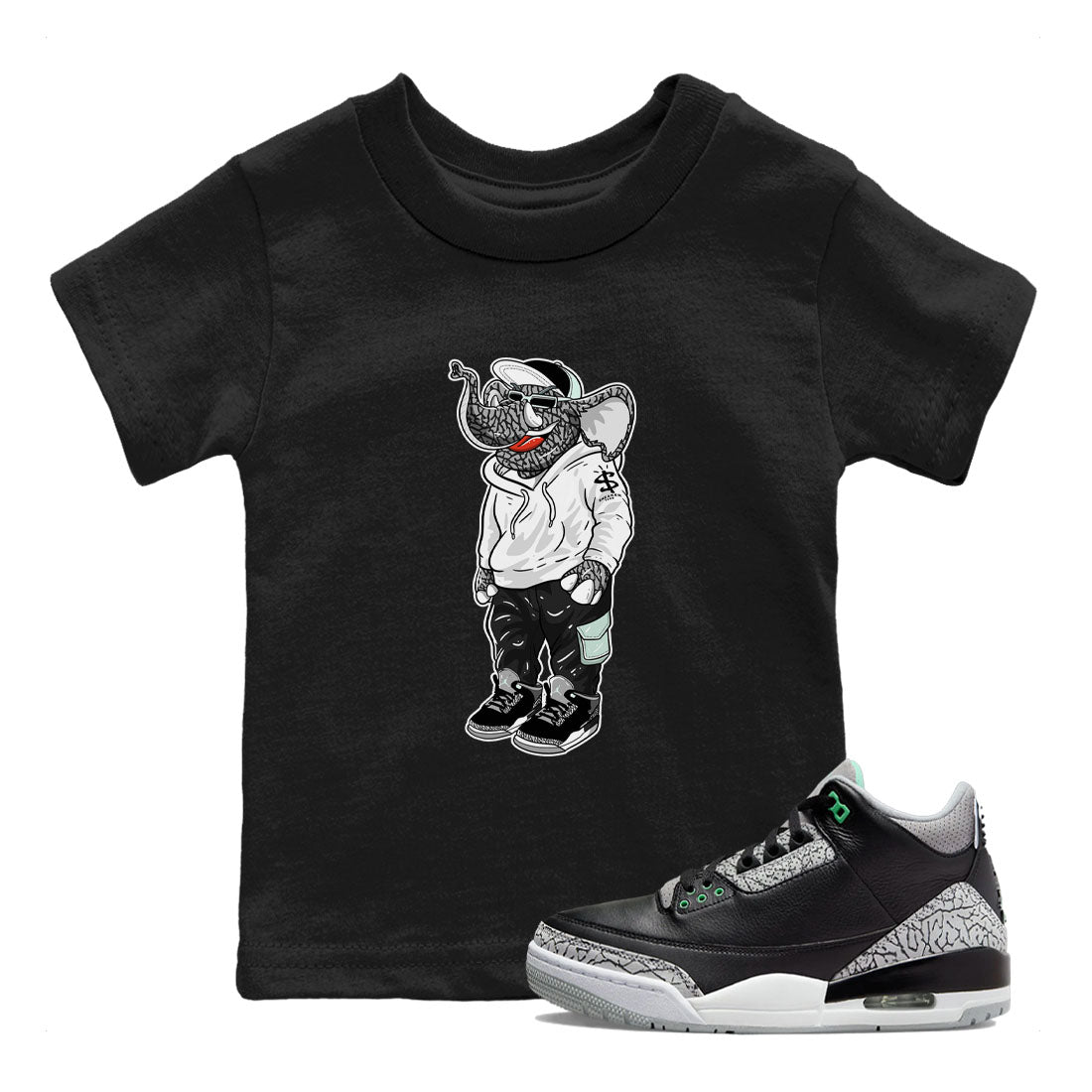Air Jordan 3 Green Glow shirt to match jordans Sneakerhead Elephant sneaker tees Air Jordan 3 Green Glow SNRT sneaker release tees baby toddler Black 1 cotton Shirt