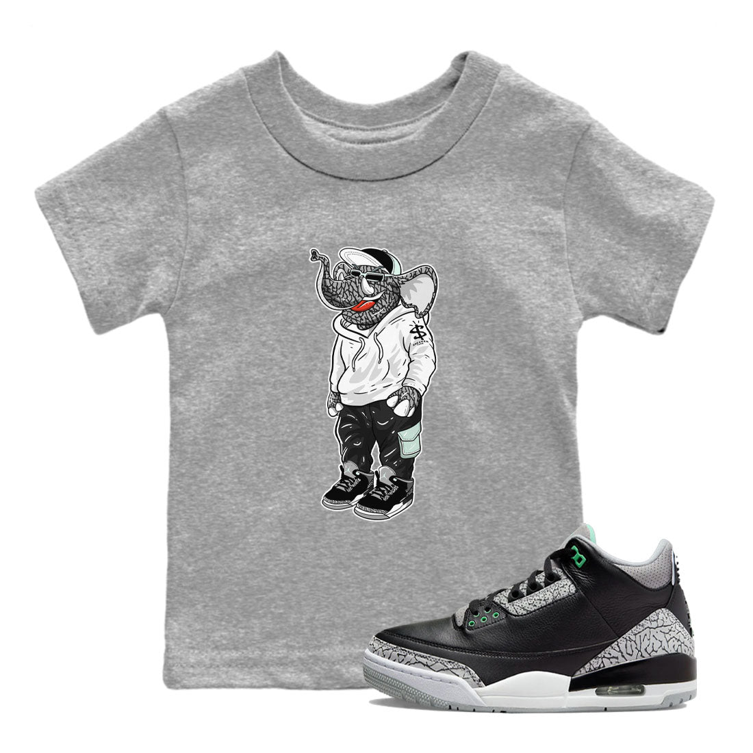 Air Jordan 3 Green Glow shirt to match jordans Sneakerhead Elephant sneaker tees Air Jordan 3 Green Glow SNRT sneaker release tees baby toddler Heather Grey 1 cotton Shirt