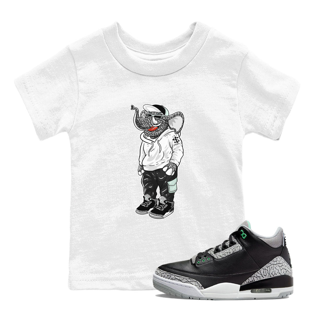 Air Jordan 3 Green Glow shirt to match jordans Sneakerhead Elephant sneaker tees Air Jordan 3 Green Glow SNRT sneaker release tees baby toddler White 1 cotton Shirt
