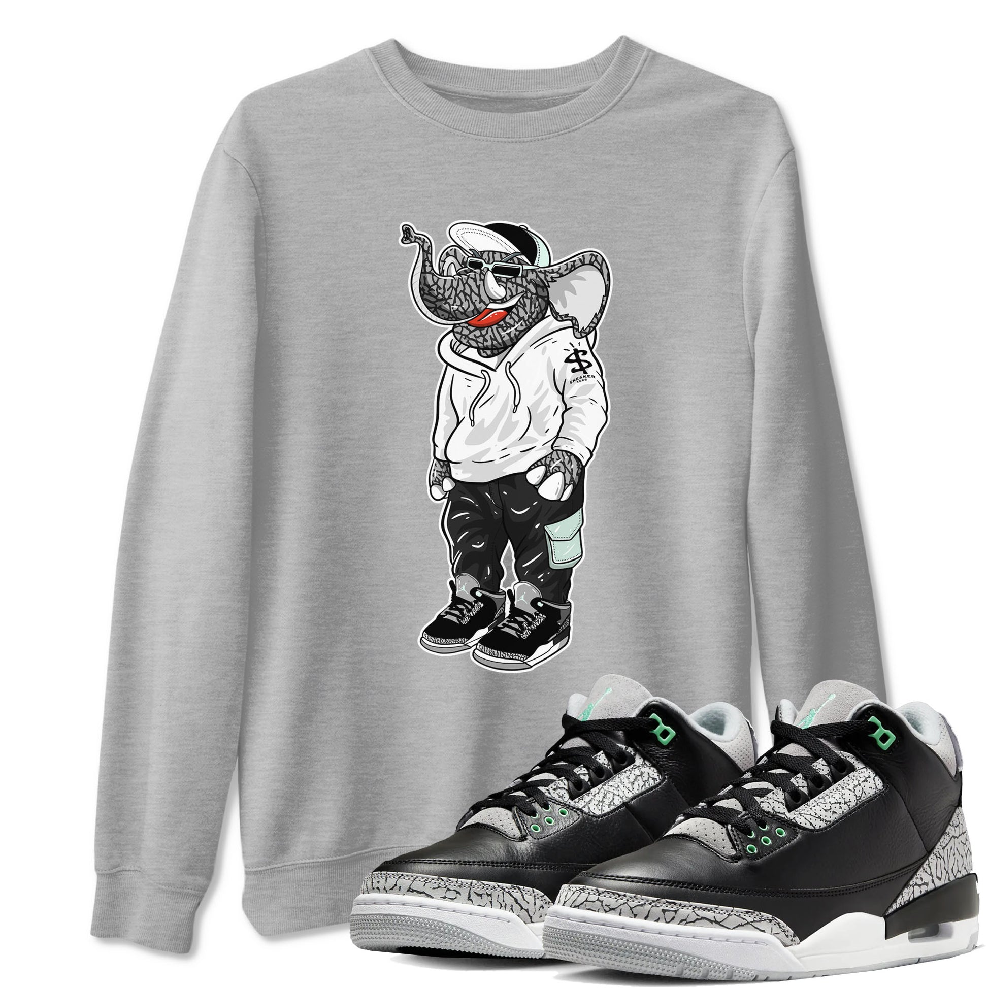 Air Jordan 3 Green Glow shirt to match jordans Sneakerhead Elephant sneaker tees Air Jordan 3 Green Glow SNRT Sneaker Release Tees unisex cotton Heather Grey 1 crew neck shirt