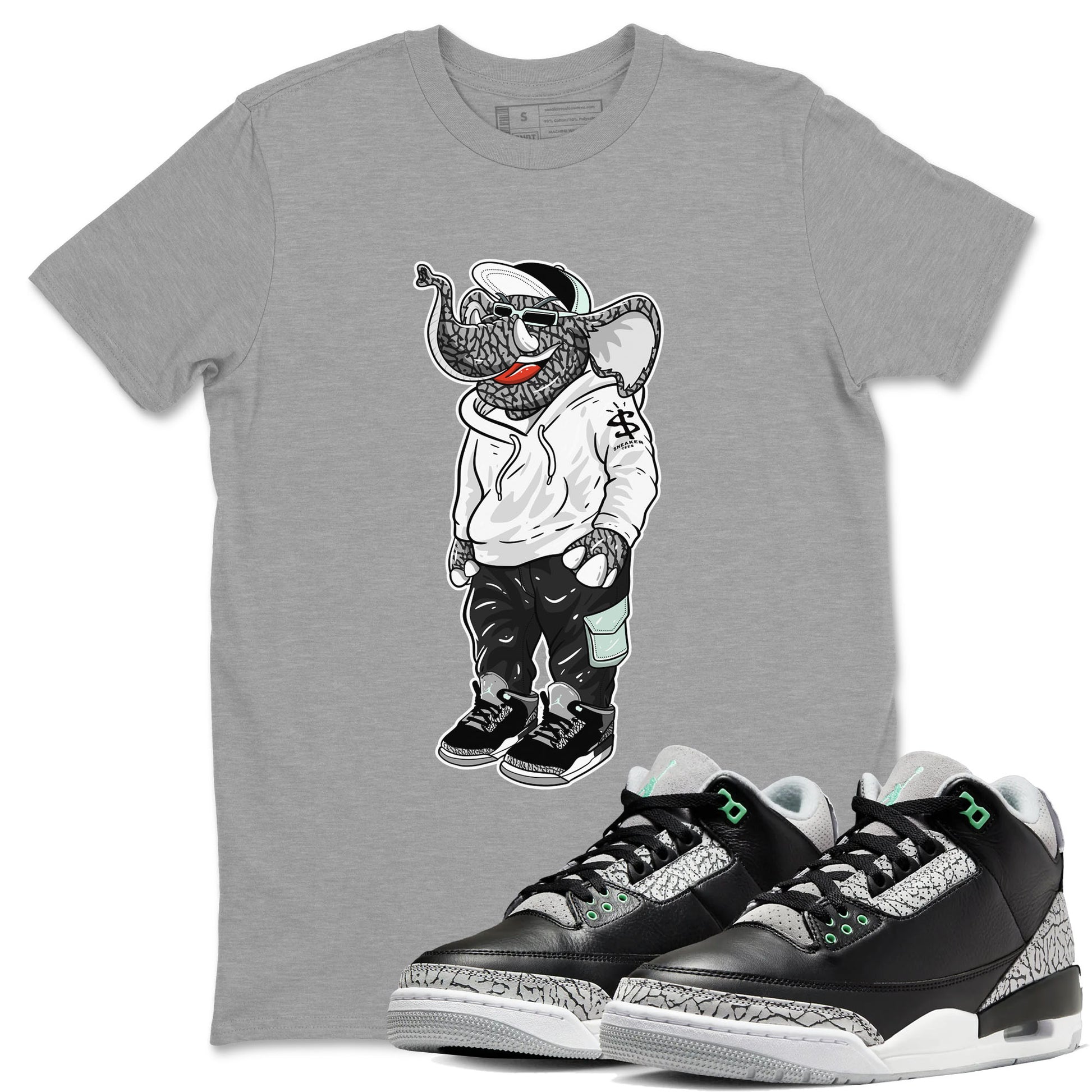 Air Jordan 3 Green Glow shirt to match jordans Sneakerhead Elephant sneaker tees Air Jordan 3 Green Glow SNRT Sneaker Release Tees unisex cotton Heather Grey 1 crew neck shirt