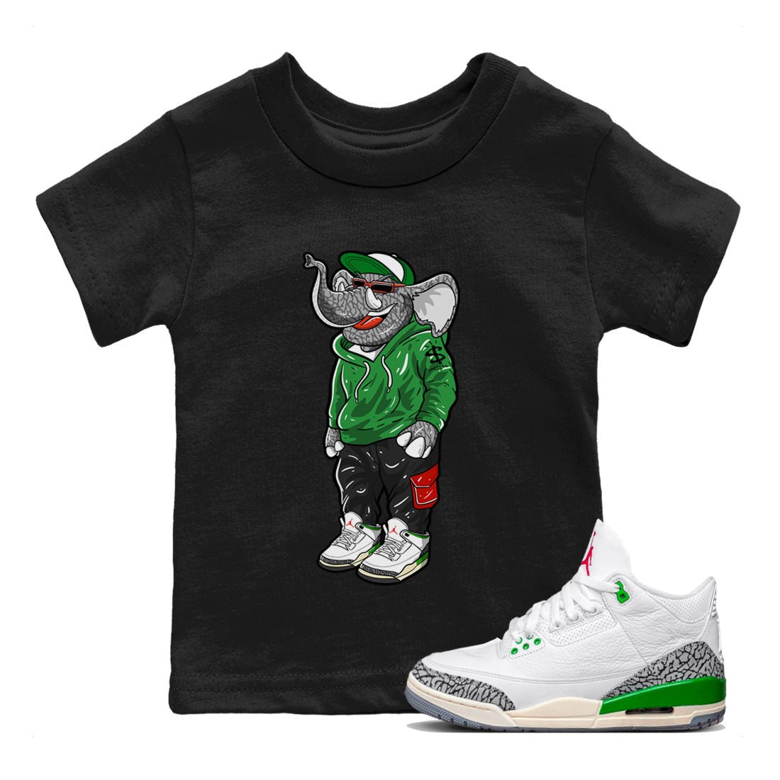 Air Jordan 3 Lucky Green Sneaker Match Tees Sneakerhead Elephant Sneaker Tees Jordan 3 WMNS Lucky Green Sneaker Release Tees Kids Shirts Black 1