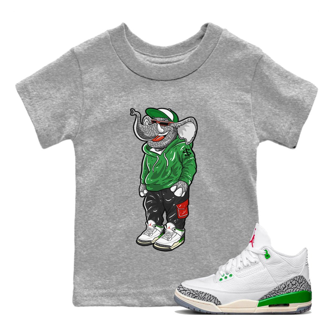 Air Jordan 3 Lucky Green Sneaker Match Tees Sneakerhead Elephant Sneaker Tees Jordan 3 WMNS Lucky Green Sneaker Release Tees Kids Shirts Heather Grey 1