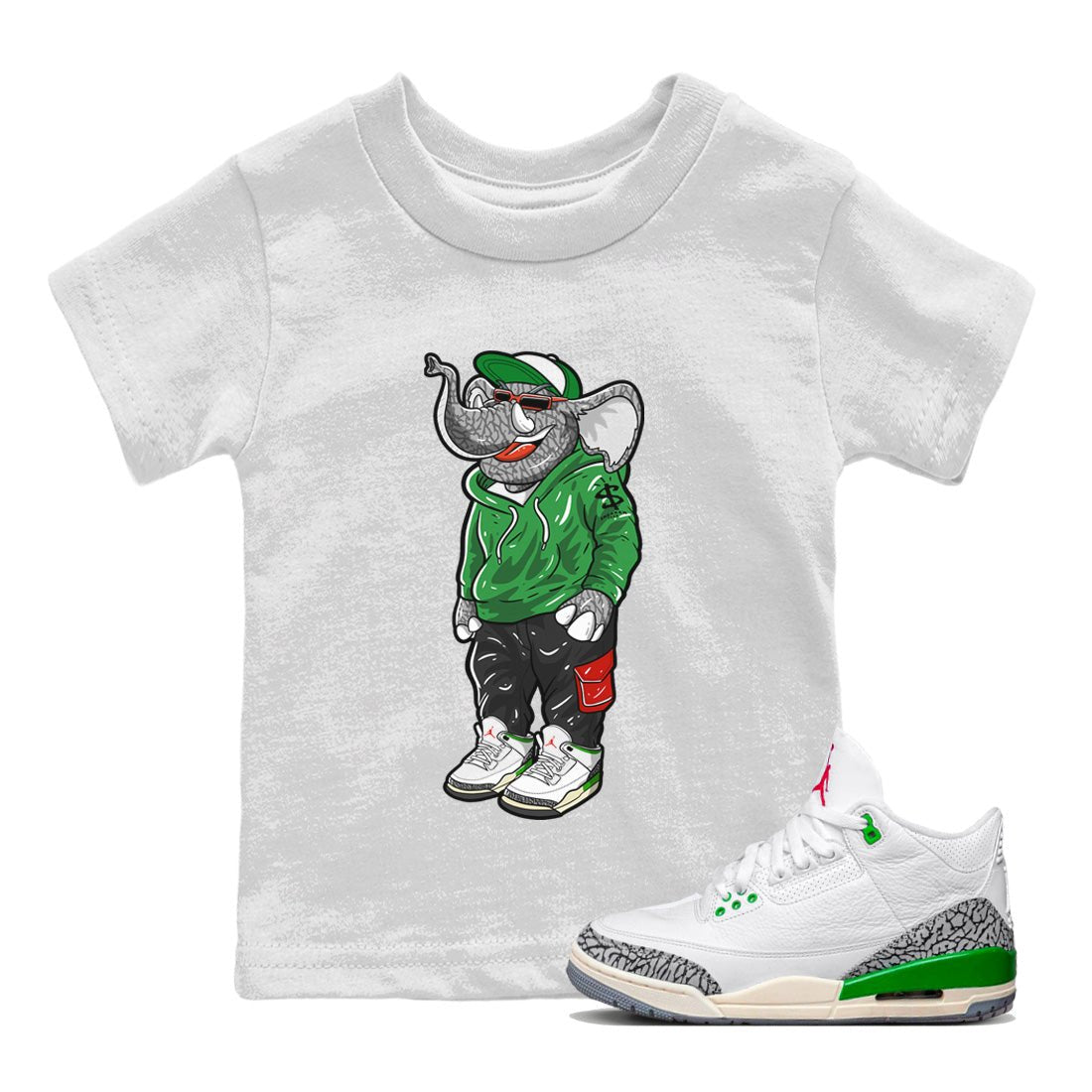 Air Jordan 3 Lucky Green Sneaker Match Tees Sneakerhead Elephant Sneaker Tees Jordan 3 WMNS Lucky Green Sneaker Release Tees Kids Shirts White 1