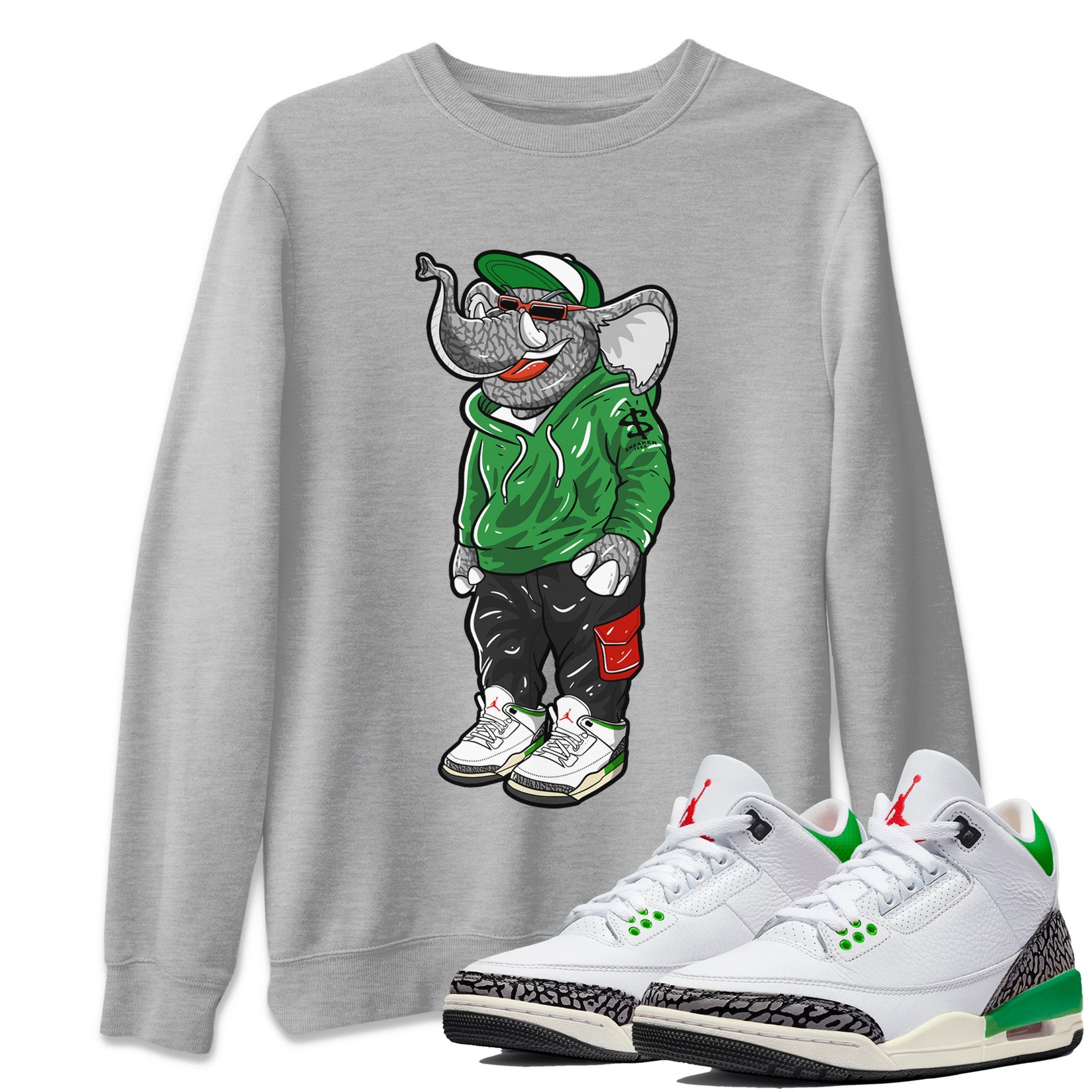 Air Jordan 3 Lucky Green Sneaker Match Tees Sneakerhead Elephant Sneaker Tees Jordan 3 WMNS Lucky Green Sneaker Release Tees Unisex Shirts Heather Grey 1
