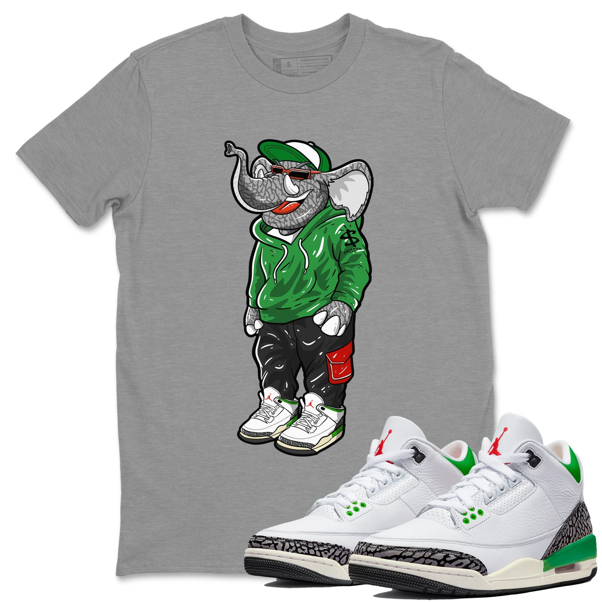 Air Jordan 3 Lucky Green Sneaker Match Tees Sneakerhead Elephant Sneaker Tees Jordan 3 WMNS Lucky Green Sneaker Release Tees Unisex Shirts Heather Grey 1