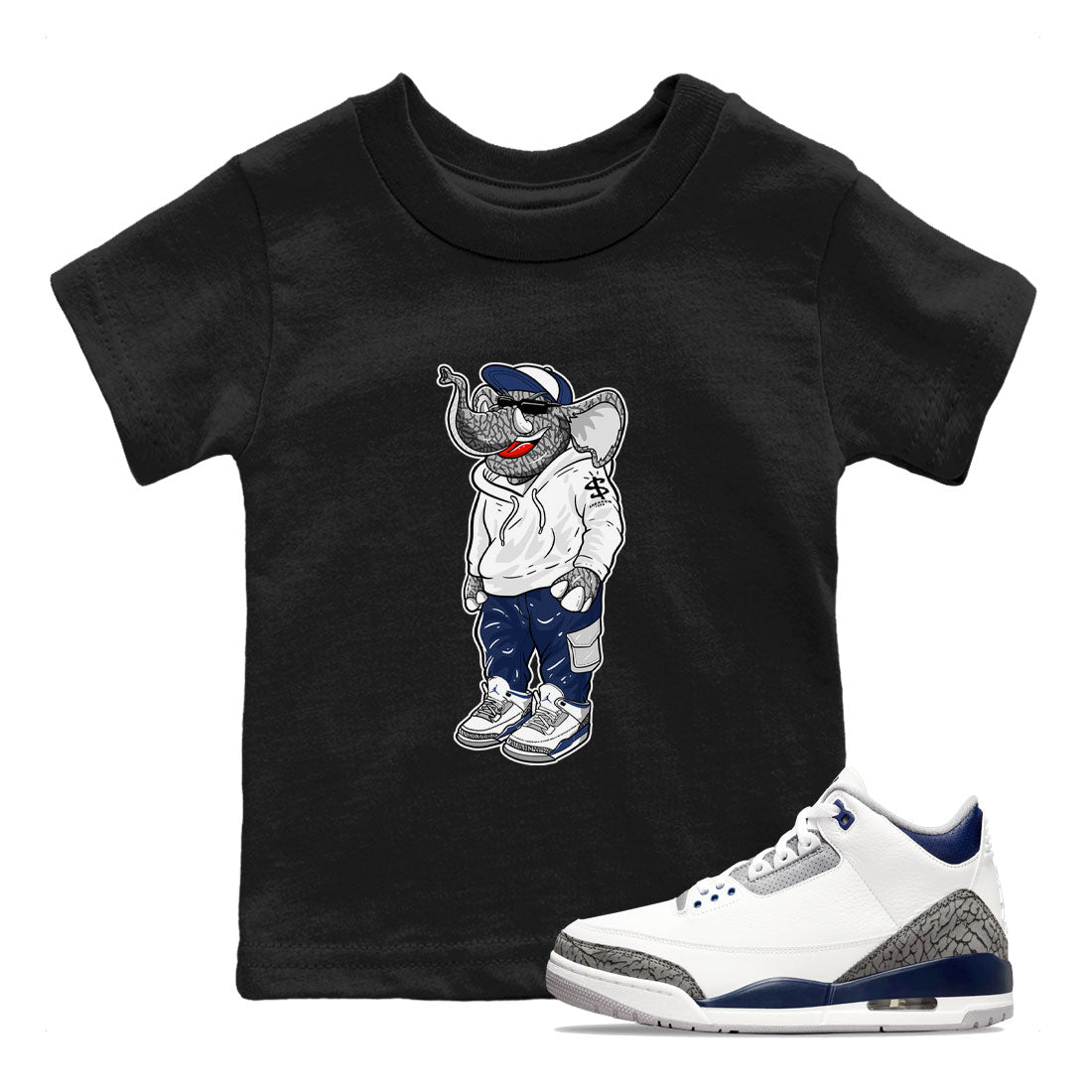 Air Jordan 3 Midnight Navy shirt to match jordans Sneakerhead Elephant sneaker tees 3s Midnight Navy SNRT sneaker release tees baby toddler Black 1 cotton sneaker tee