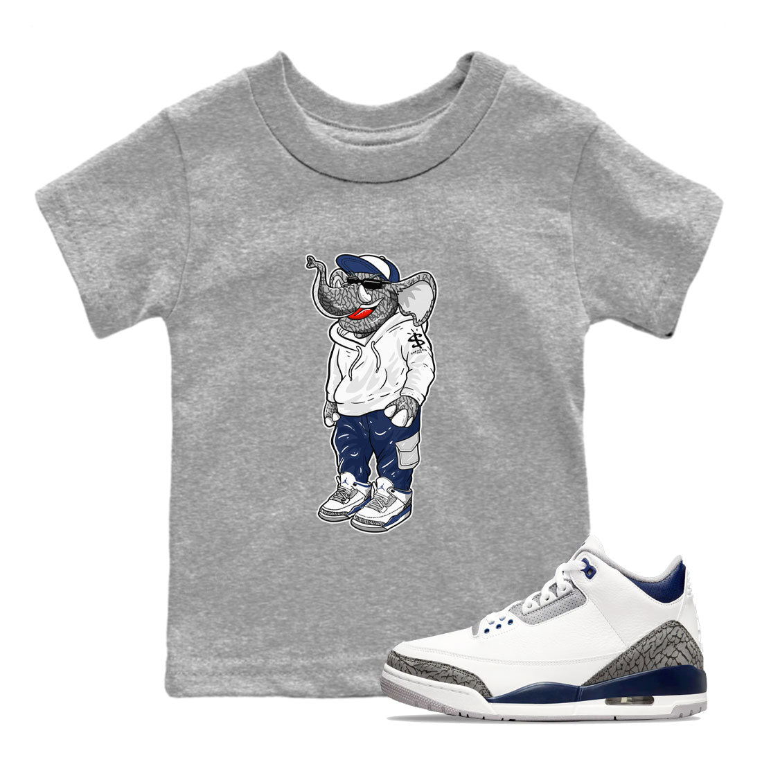 Air Jordan 3 Midnight Navy shirt to match jordans Sneakerhead Elephant sneaker tees 3s Midnight Navy SNRT sneaker release tees baby toddler Heather Grey 1 cotton sneaker tee