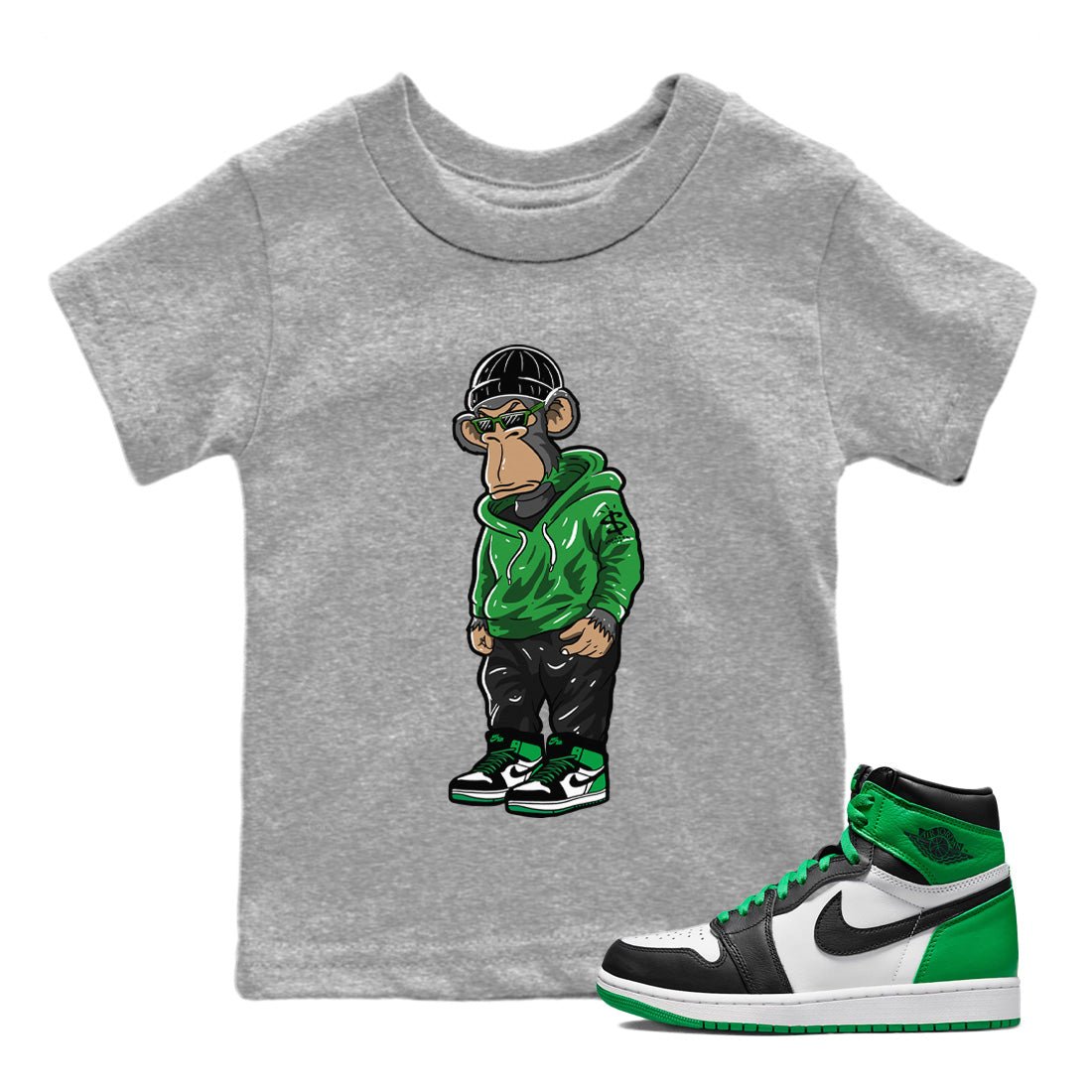 Air Jordan 1 Celtics Sneaker Match Tees Sneakerhead Monkey Sneaker Tees Air Jordan 1 Retro Celtics Sneaker Release Tees Kids Shirts Heather Grey 1