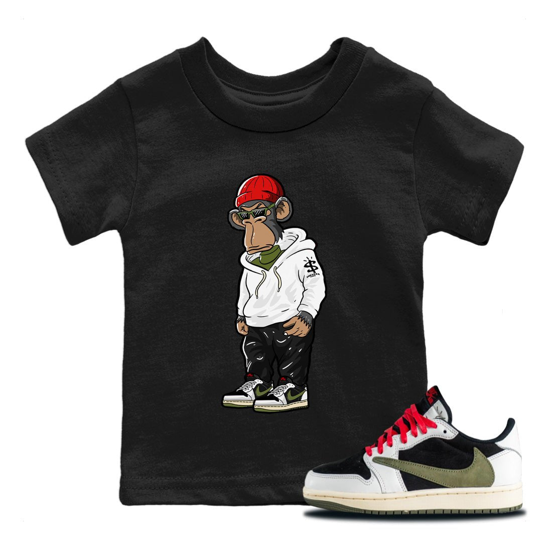 Air Jordan 1 Travis Scott Olive Sneaker Match Tees Sneakerhead Monkey Sneaker Tees Air Jordan 1 Low x Travis Scott x Olive Sneaker Release Tees Kids Shirts Black 1