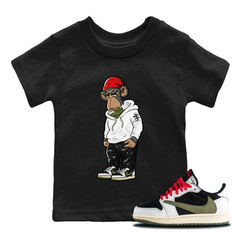 Air Jordan 1 Travis Scott Olive Sneaker Match Tees Sneakerhead Monkey Sneaker Tees Air Jordan 1 Low x Travis Scott x Olive Sneaker Release Tees Kids Shirts Black 1