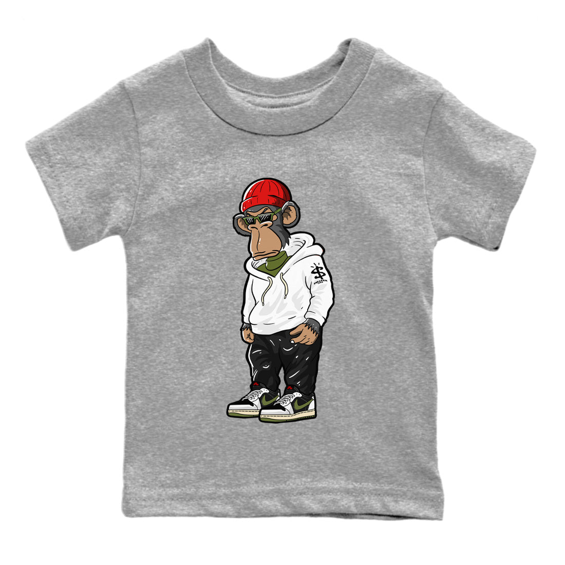 Air Jordan 1 Travis Scott Olive Sneaker Match Tees Sneakerhead Monkey Sneaker Tees Air Jordan 1 Low x Travis Scott x Olive Sneaker Release Tees Kids Shirts Heather Grey 2
