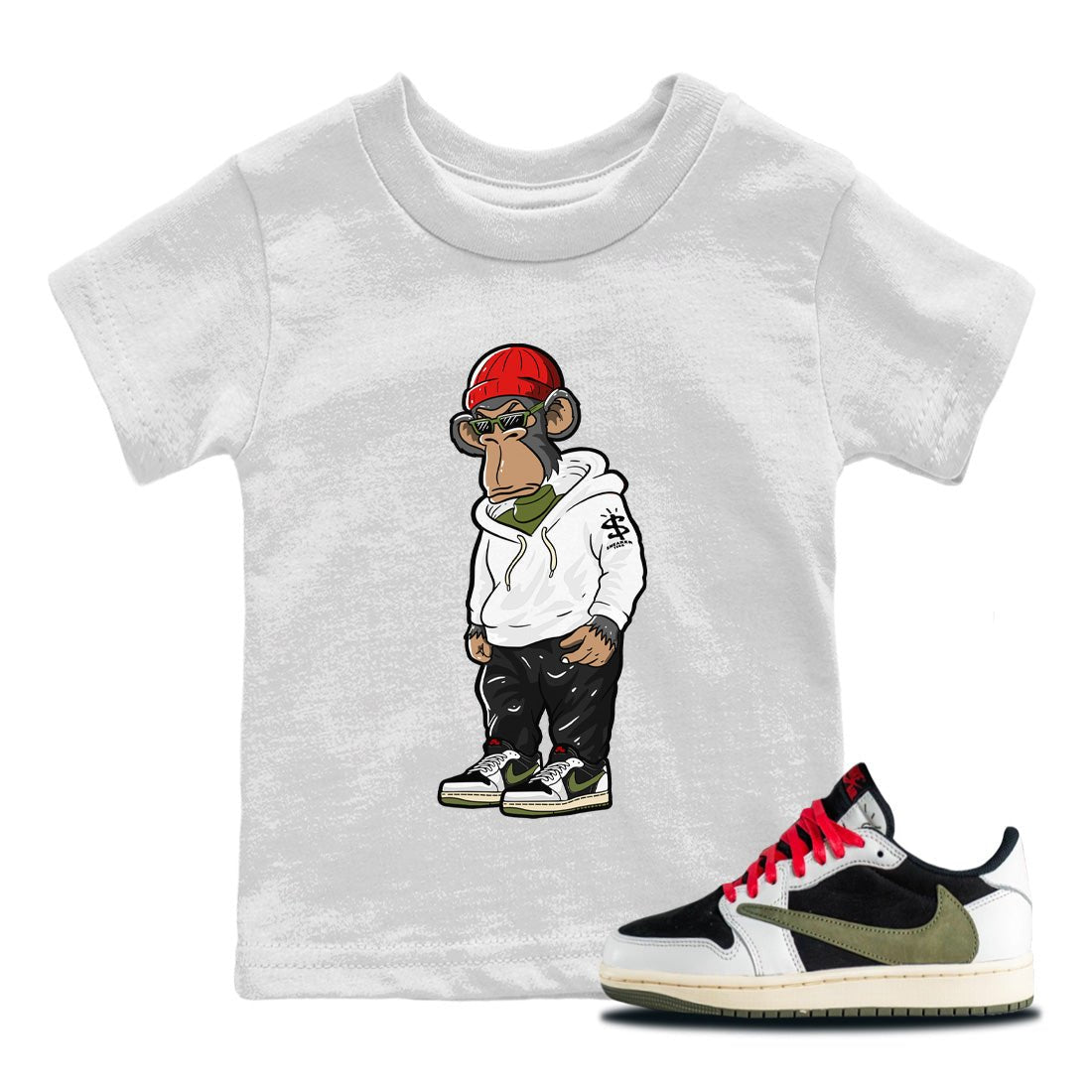 Air Jordan 1 Travis Scott Olive Sneaker Match Tees Sneakerhead Monkey Sneaker Tees Air Jordan 1 Low x Travis Scott x Olive Sneaker Release Tees Kids Shirts White 1