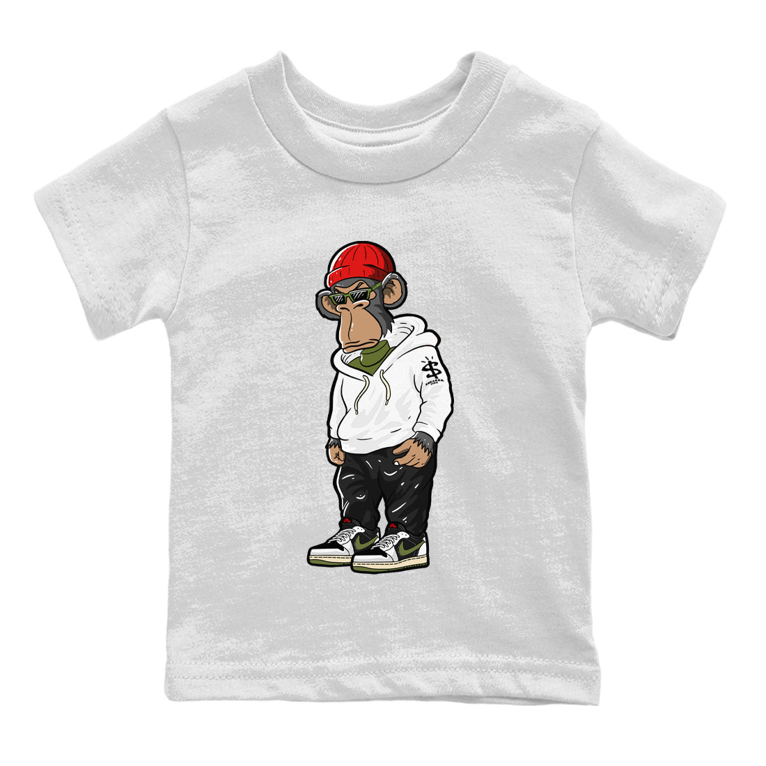 Air Jordan 1 Travis Scott Olive Sneaker Match Tees Sneakerhead Monkey Sneaker Tees Air Jordan 1 Low x Travis Scott x Olive Sneaker Release Tees Kids Shirts White 2