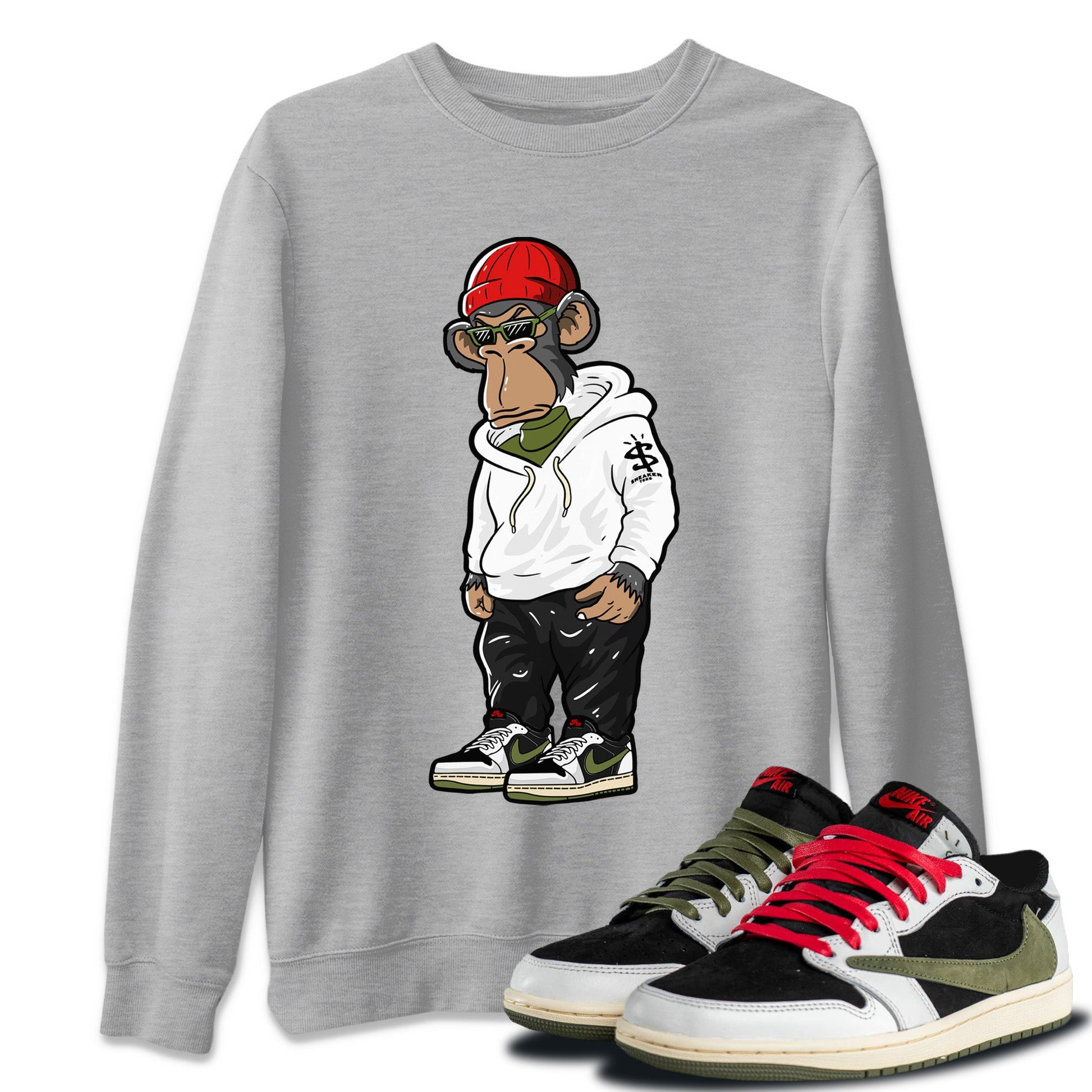 Air Jordan 1 Travis Scott Olive Sneaker Match Tees Sneakerhead Monkey Sneaker Tees Air Jordan 1 Low x Travis Scott x Olive Sneaker Release Tees Unisex Shirts Heather Grey 1