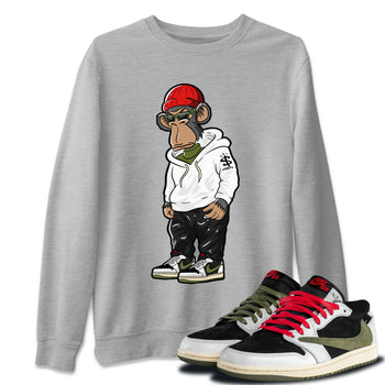 Air Jordan 1 Travis Scott Olive Sneaker Match Tees Sneakerhead Monkey Sneaker Tees Air Jordan 1 Low x Travis Scott x Olive Sneaker Release Tees Unisex Shirts Heather Grey 1
