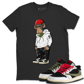 Air Jordan 1 Travis Scott Olive Sneaker Match Tees Sneakerhead Monkey Sneaker Tees Air Jordan 1 Low x Travis Scott x Olive Sneaker Release Tees Unisex Shirts Black 1