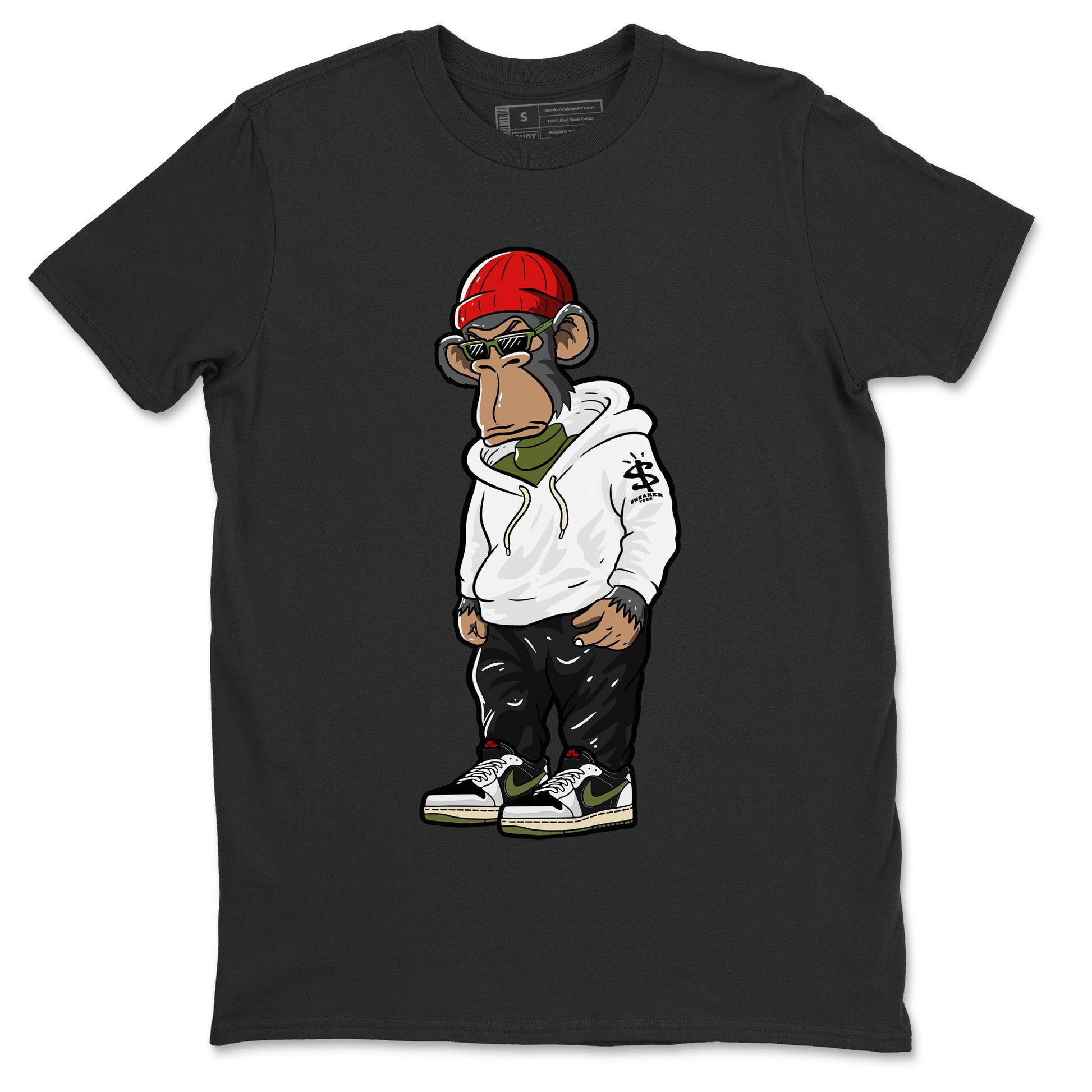 Air Jordan 1 Travis Scott Olive Sneaker Match Tees Sneakerhead Monkey Sneaker Tees Air Jordan 1 Low x Travis Scott x Olive Sneaker Release Tees Unisex Shirts Black 2