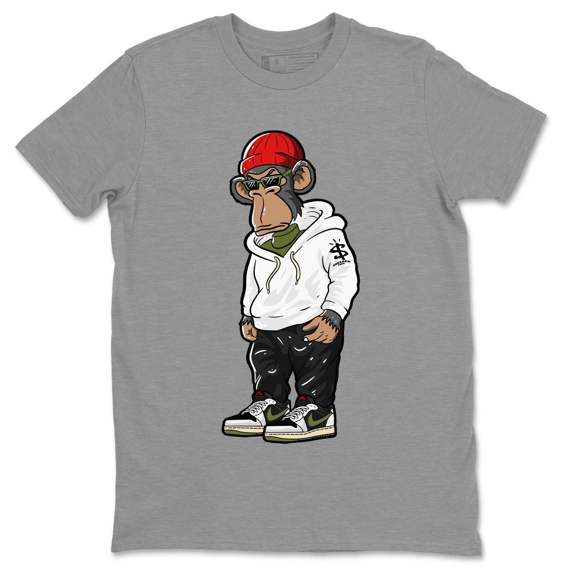 Air Jordan 1 Travis Scott Olive Sneaker Match Tees Sneakerhead Monkey Sneaker Tees Air Jordan 1 Low x Travis Scott x Olive Sneaker Release Tees Unisex Shirts Heather Grey 2