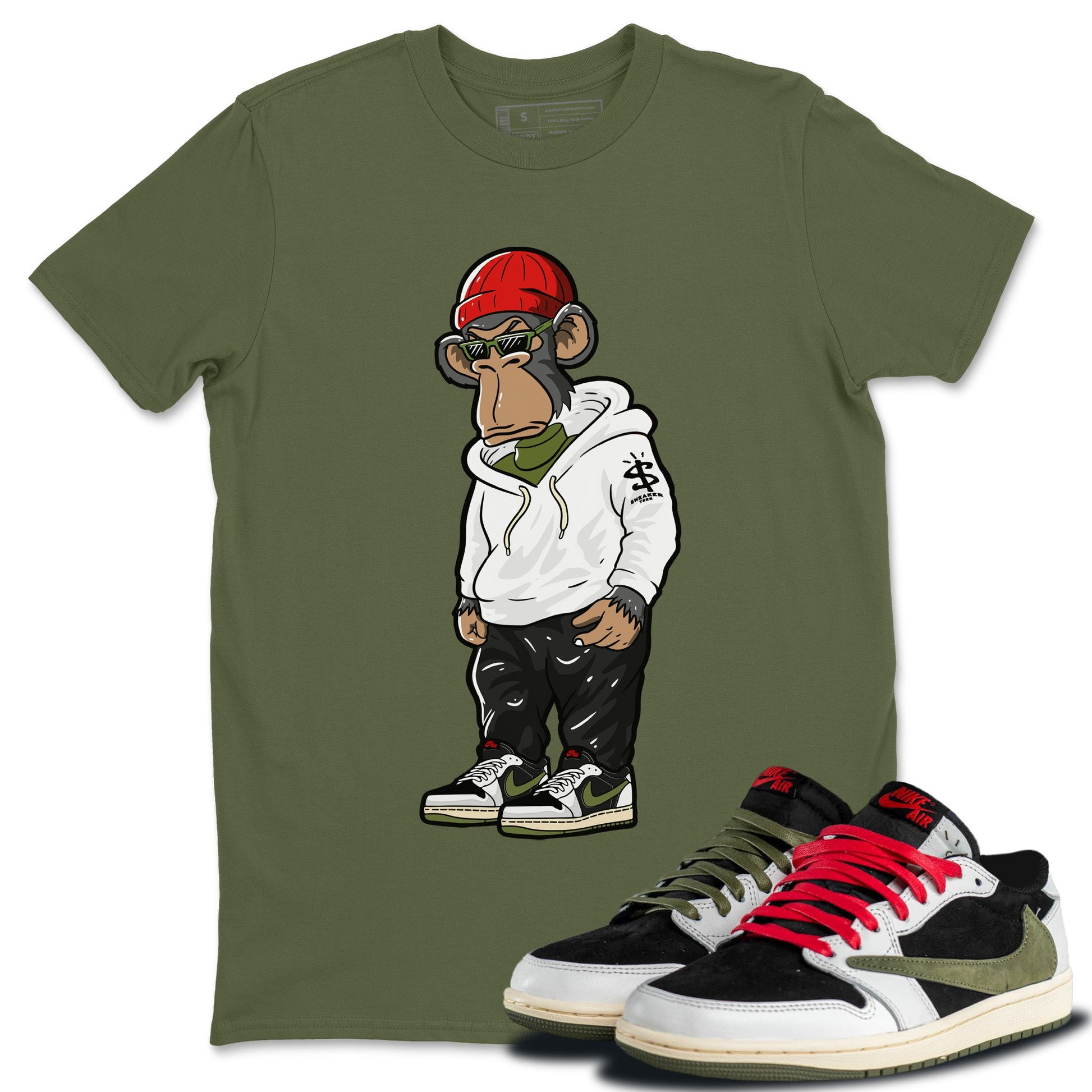 Air Jordan 1 Travis Scott Olive Sneakerhead Monkey Crew Neck Sneaker Tees Air Jordan 1 Low x Travis Scott x Olive Sneaker T-Shirts Washing and Care Tip
