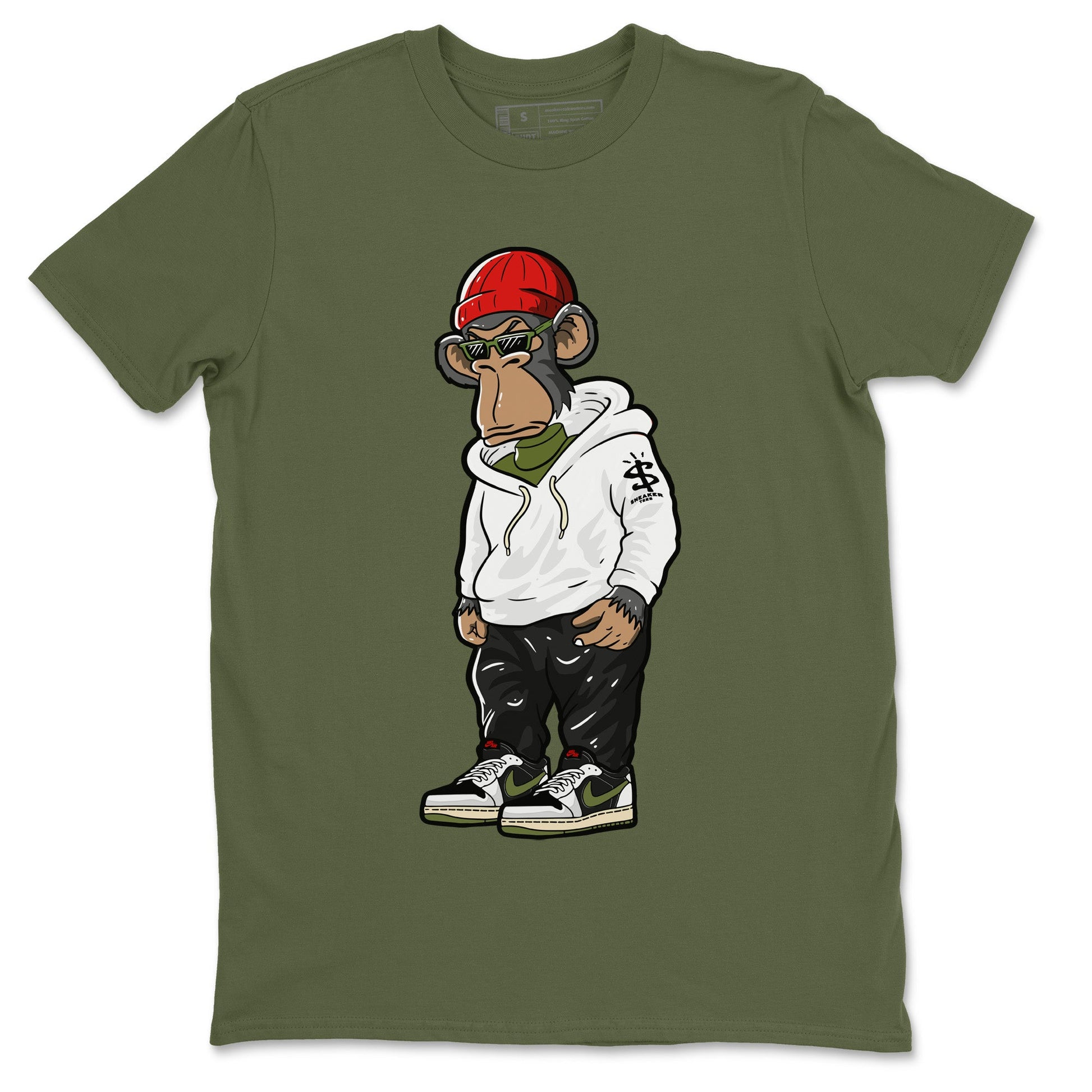 Air Jordan 1 Travis Scott Olive Sneaker Match Tees Sneakerhead Monkey Sneaker Tees Air Jordan 1 Low x Travis Scott x Olive Sneaker Release Tees Unisex Shirts Military Green 2