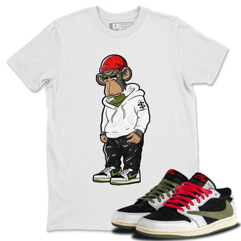 Air Jordan 1 Travis Scott Olive Sneaker Match Tees Sneakerhead Monkey Sneaker Tees Air Jordan 1 Low x Travis Scott x Olive Sneaker Release Tees Unisex Shirts White 1