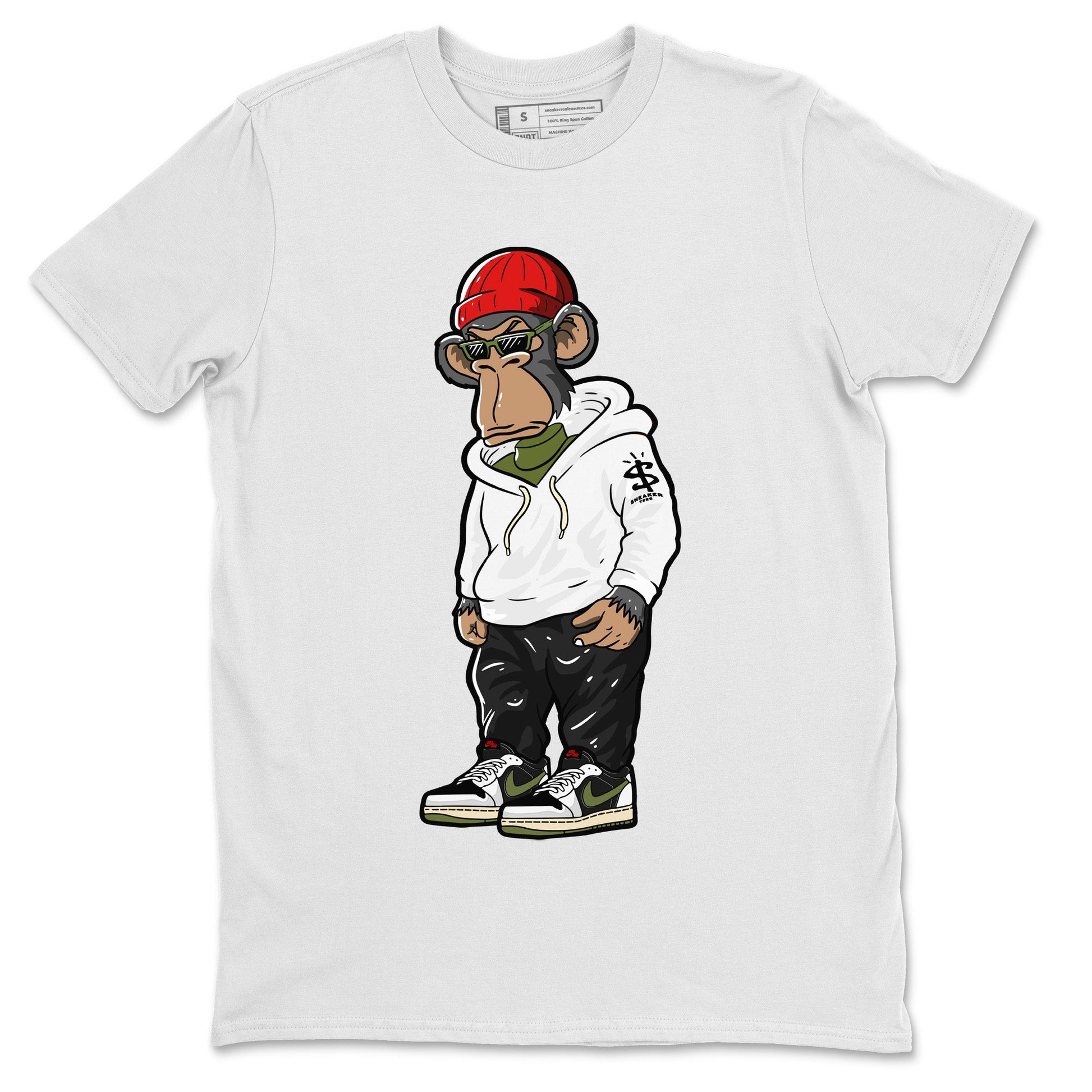 Air Jordan 1 Travis Scott Olive Sneaker Match Tees Sneakerhead Monkey Sneaker Tees Air Jordan 1 Low x Travis Scott x Olive Sneaker Release Tees Unisex Shirts White 2