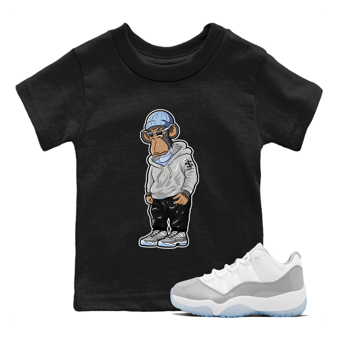 Air Jordan 11 White Cement Sneaker Match Tees Sneakerhead Monkey Sneaker Tees Jordan 11 Retro White Cement Sneaker Release Tees Kids Shirts Black 1