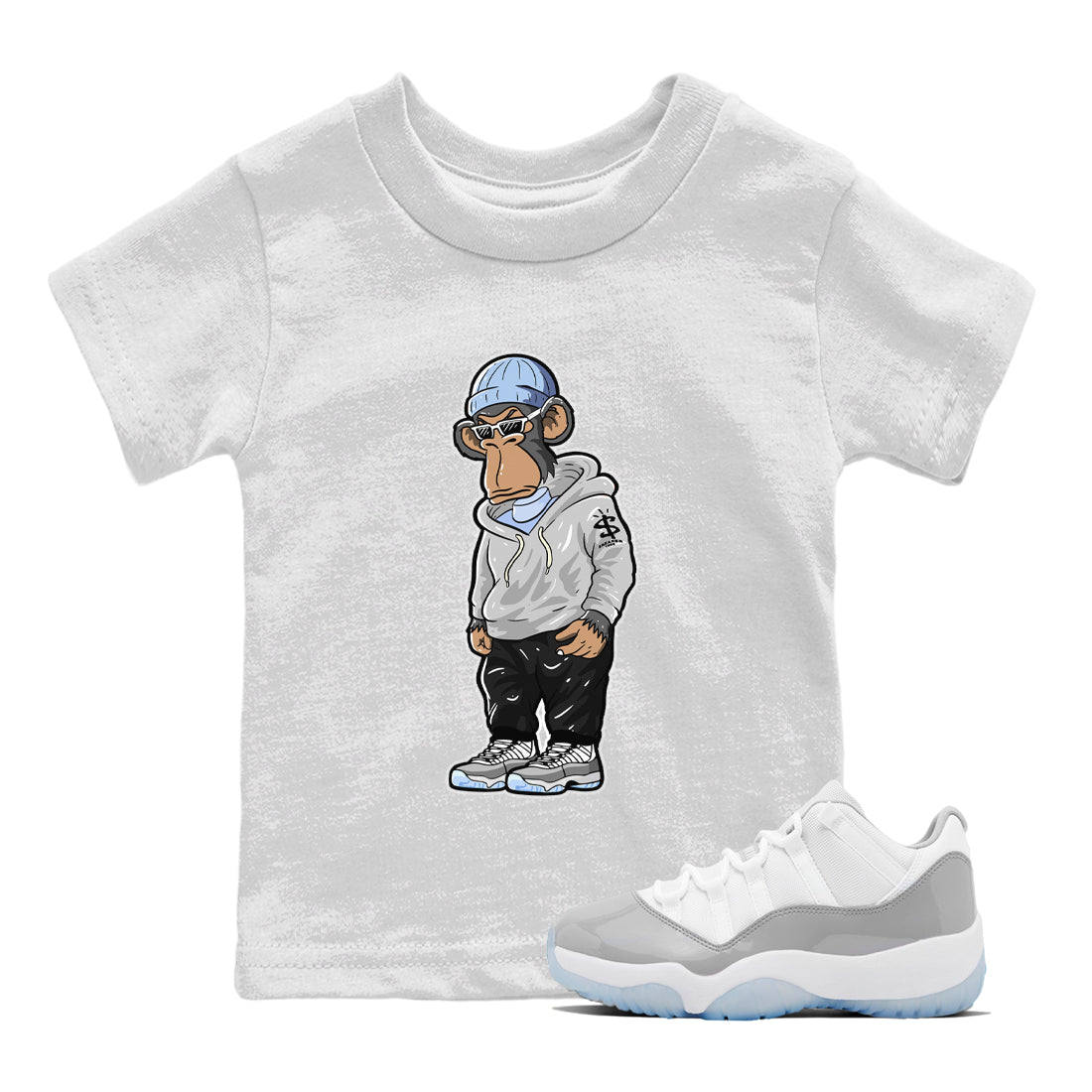 Air Jordan 11 White Cement Sneaker Match Tees Sneakerhead Monkey Sneaker Tees Jordan 11 Retro White Cement Sneaker Release Tees Kids Shirts White 1